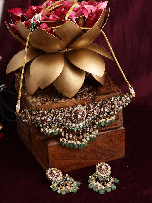 Precious Handcrafted Stone Neckpiece with Emeralds - Ruby Raang