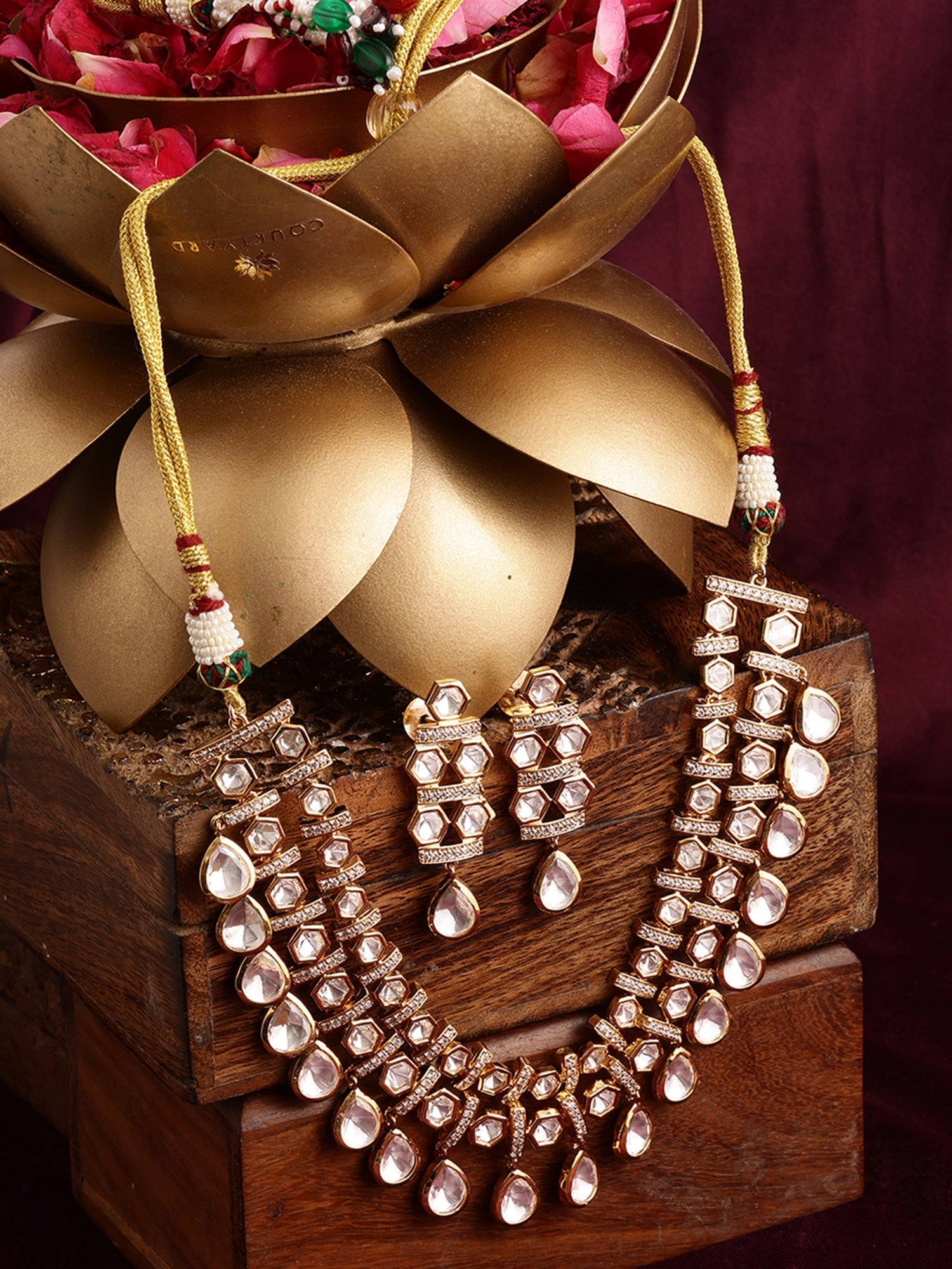 Kundan & Mossainite Necklace with Earrings - Ruby Raang Ruby Raang Studio