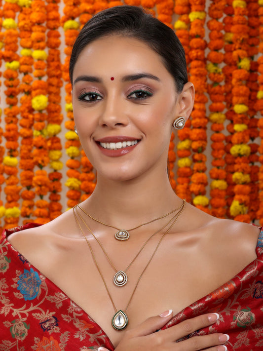 Layered Kundan Neckpiece with Matching Studs - Ruby Raang Ruby Raang Studio