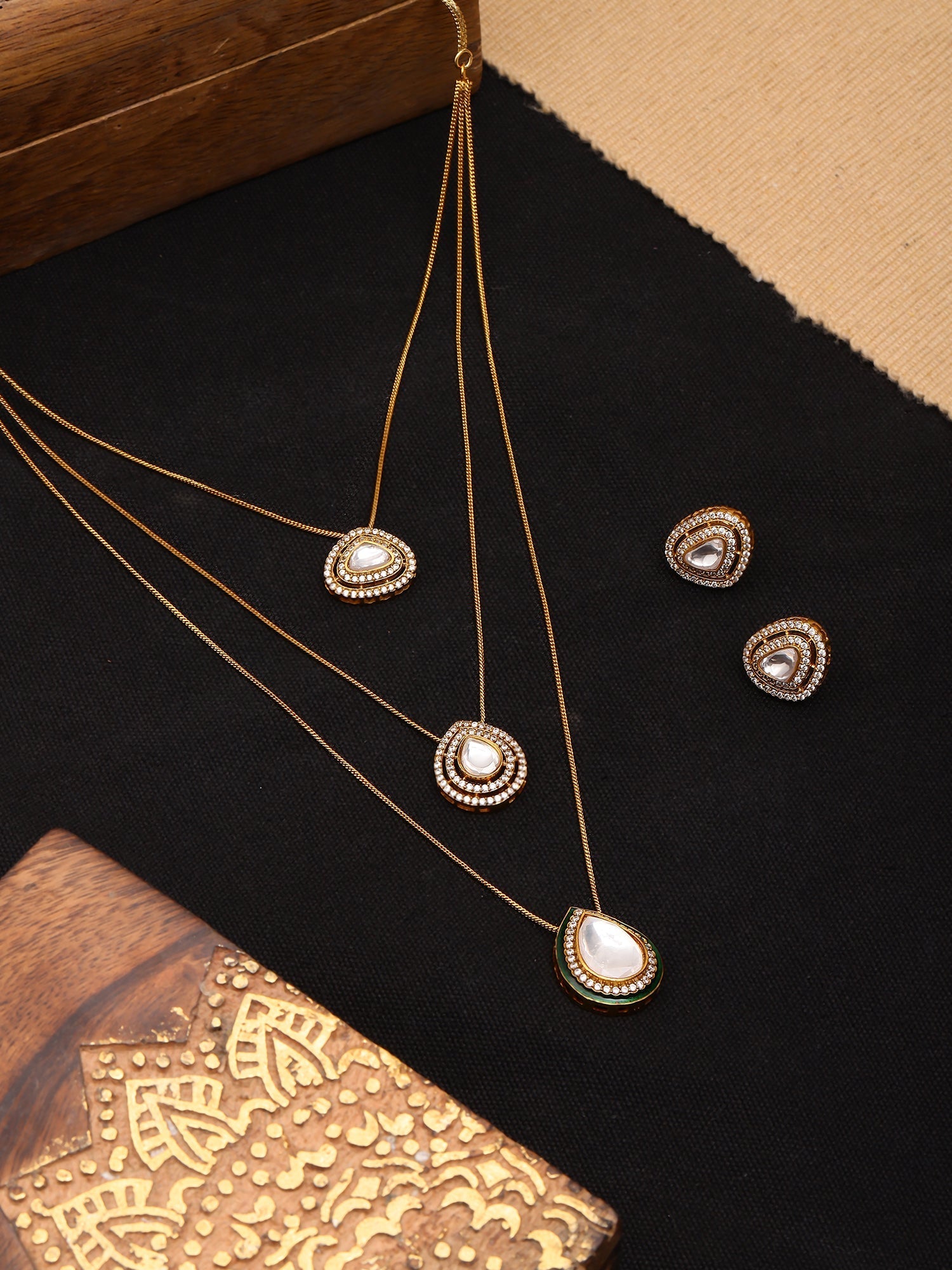 Layered Kundan Neckpiece with Matching Studs - Ruby Raang Ruby Raang Studio