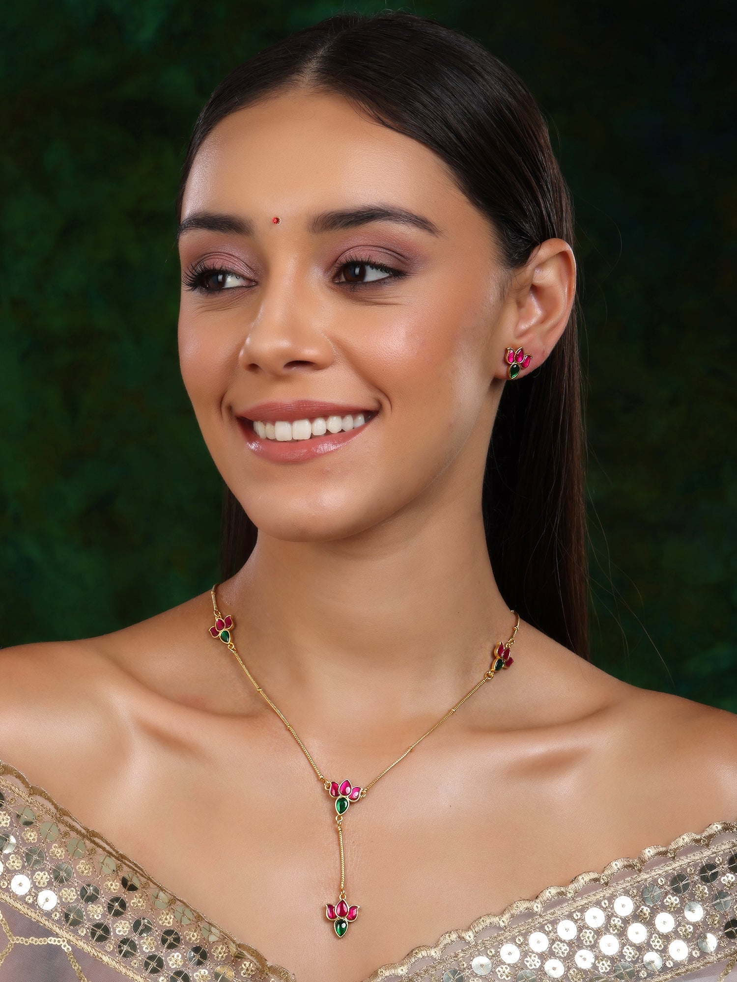Handcrafted Patchi Kundan Necklace with Studs - Ruby Raang Ruby Raang Studio
