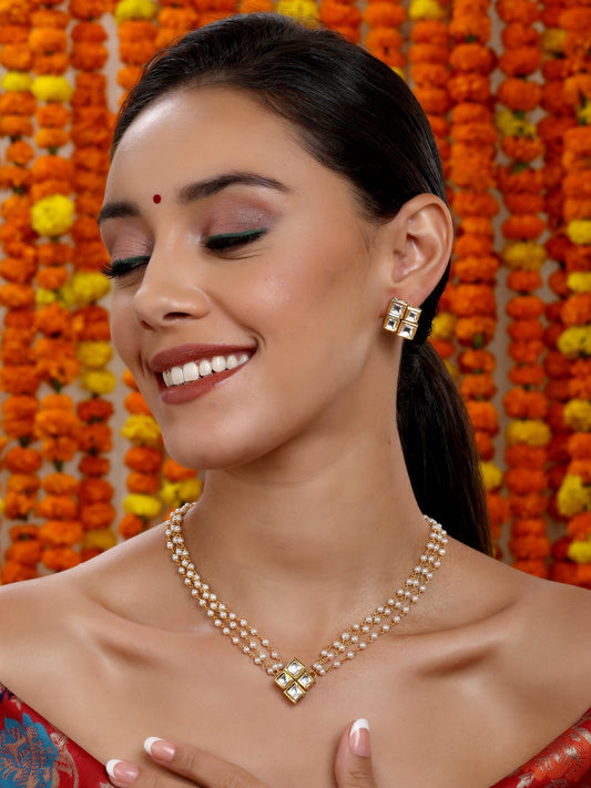 Kundan in Pearl String with Matching Studs - Ruby Raang