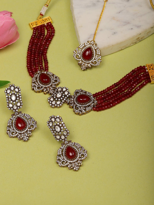 Maroon Stone and Mossainite Kundan in Maroon Onyx with Matching Earrings and Maang Tikka - Ruby Raang