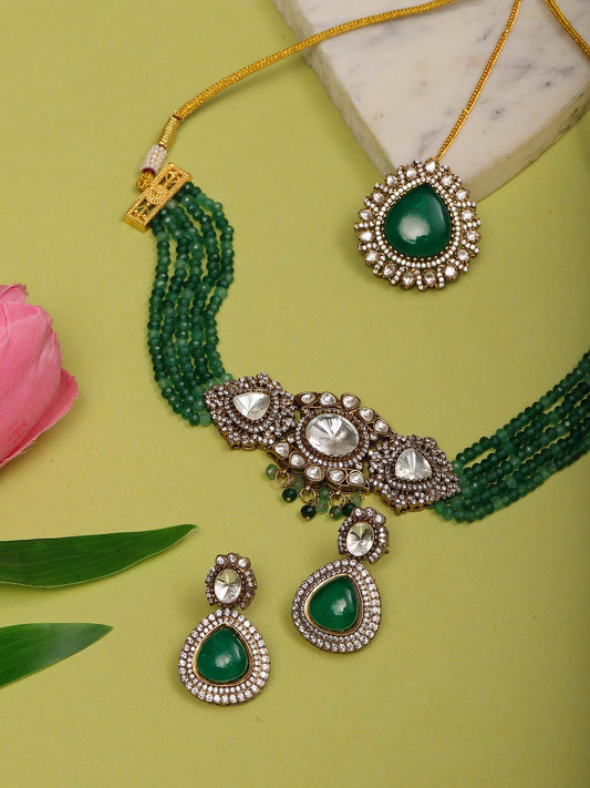 Emerald Stone and Mossainite Kundan in Green Onyx with Matching Earrings and Maang Tikka - Ruby Raang