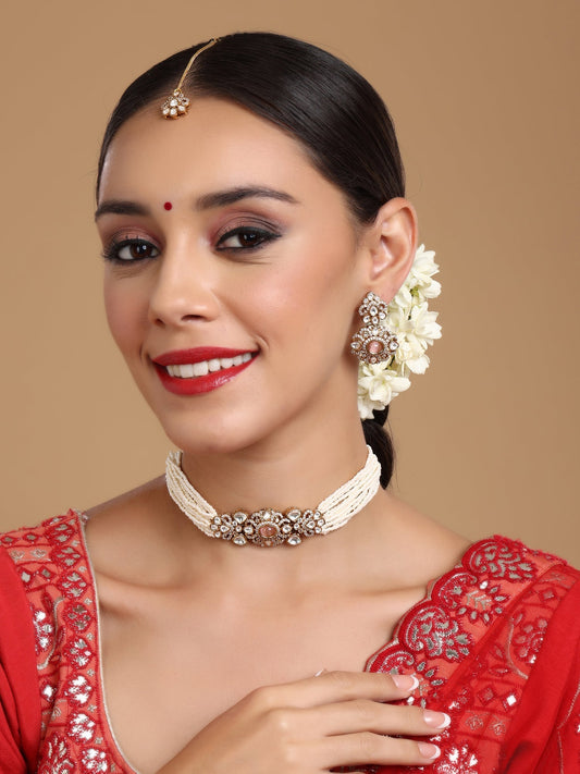 Stone and Mossainite Kundan in Pearls with Matching Earrings and Maang Tikka - Ruby Raang