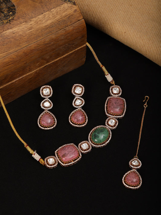 Multi Stone and Mossainite Kundan Choker with Matching Earrings and Maang Tikka - Ruby Raang