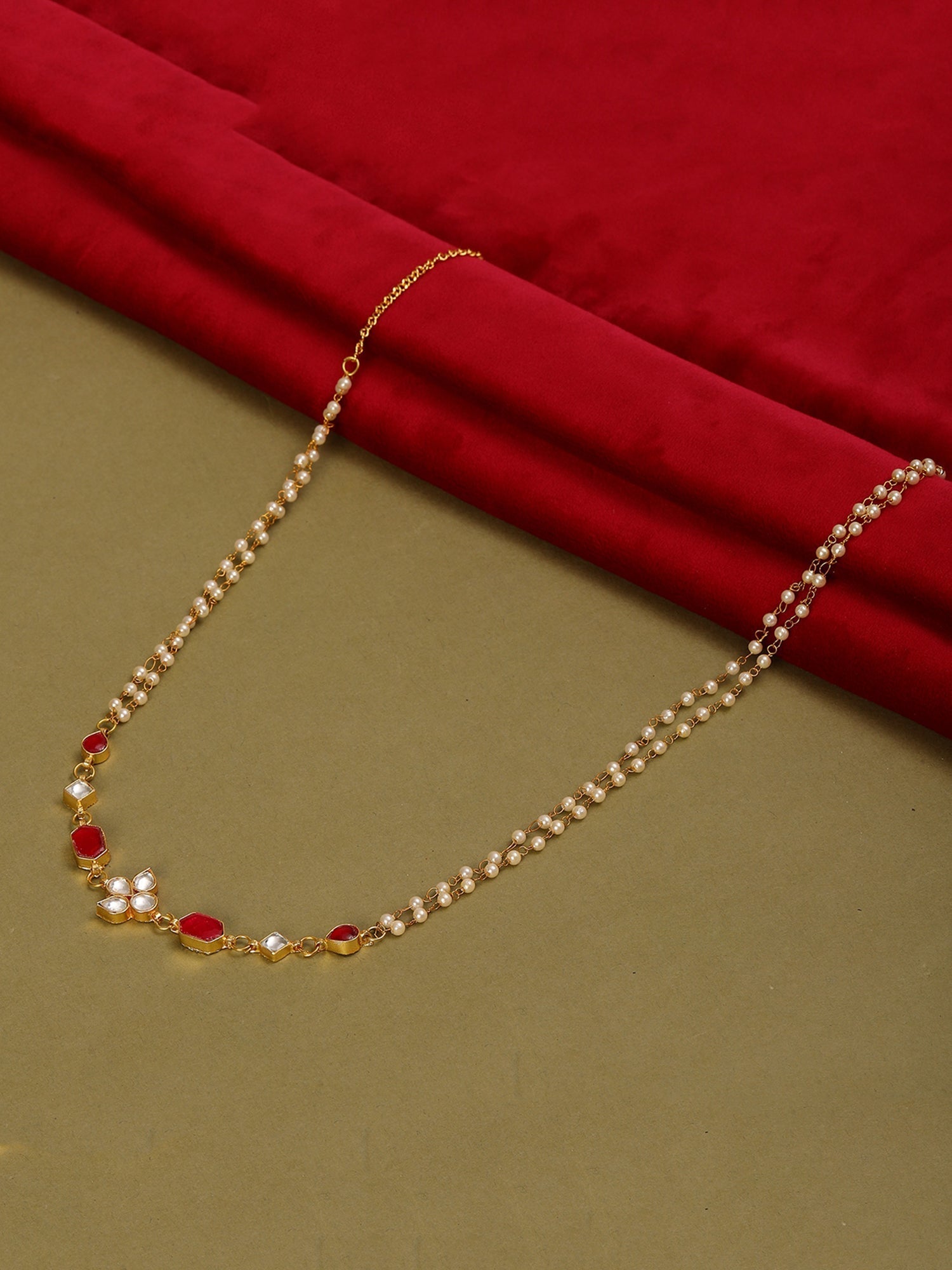 Red Stone & Clear Patchi Kundan in Pearl Kamar Band - Ruby Raang | Swadesiicart