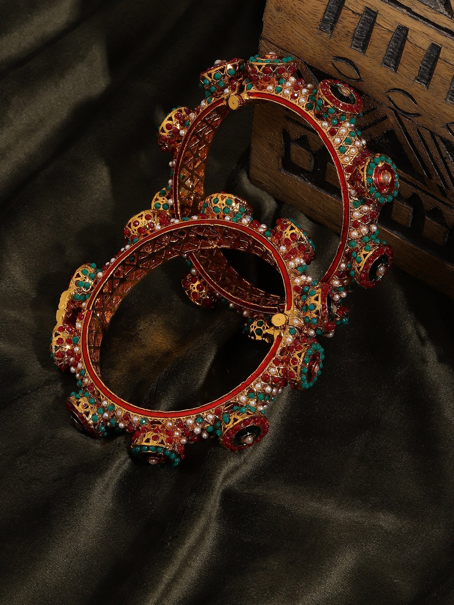 Rajwada Red - Green Hues Handcrafted Heavy Bangles (set of 2) - Ruby Raang Ruby Raang Studio