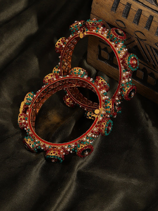 Rajwada Red - Green Hues Handcrafted Heavy Bangles (set of 2) - Ruby Raang