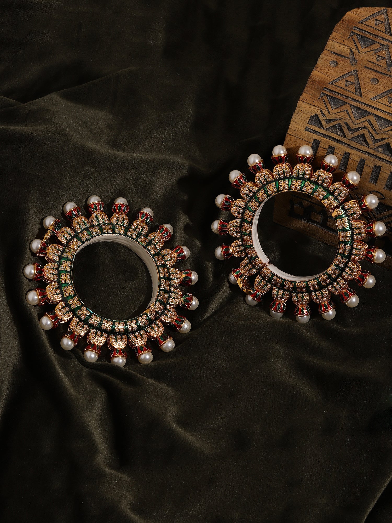 Oversized Pearl Meenakari Handcrafted Heavy Bangles (set of 2) - Ruby Raang Ruby Raang Studio