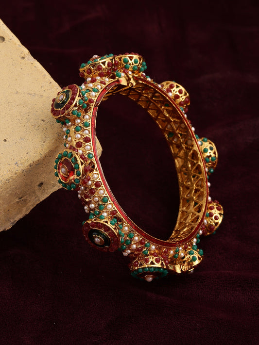 Rajwada Red - Green Hues Handcrafted Heavy Bangle - Ruby Raang