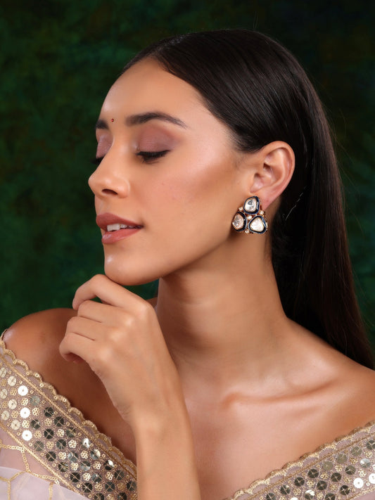 Three Stone Blue Meenakari Kundan Earrings - Ruby Raang Ruby Raang Studio