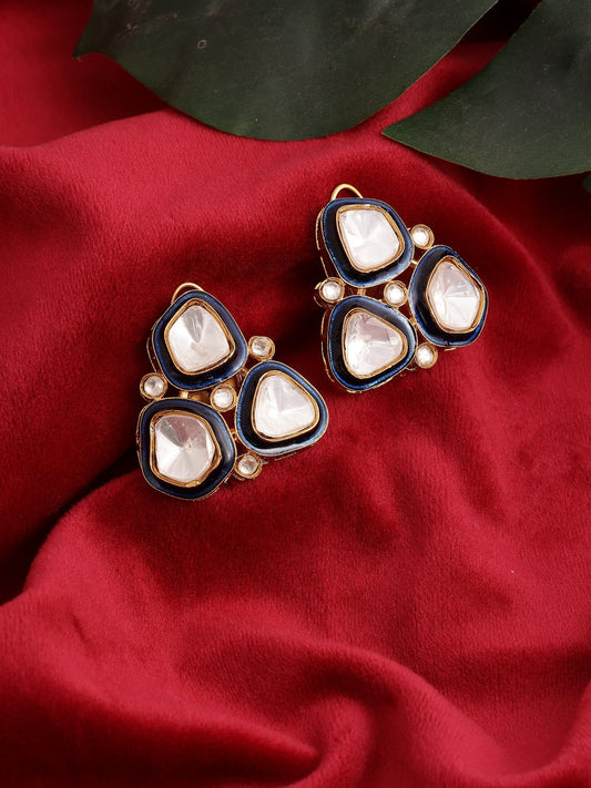 Three Stone Blue Meenakari Kundan Earrings - Ruby Raang Ruby Raang Studio