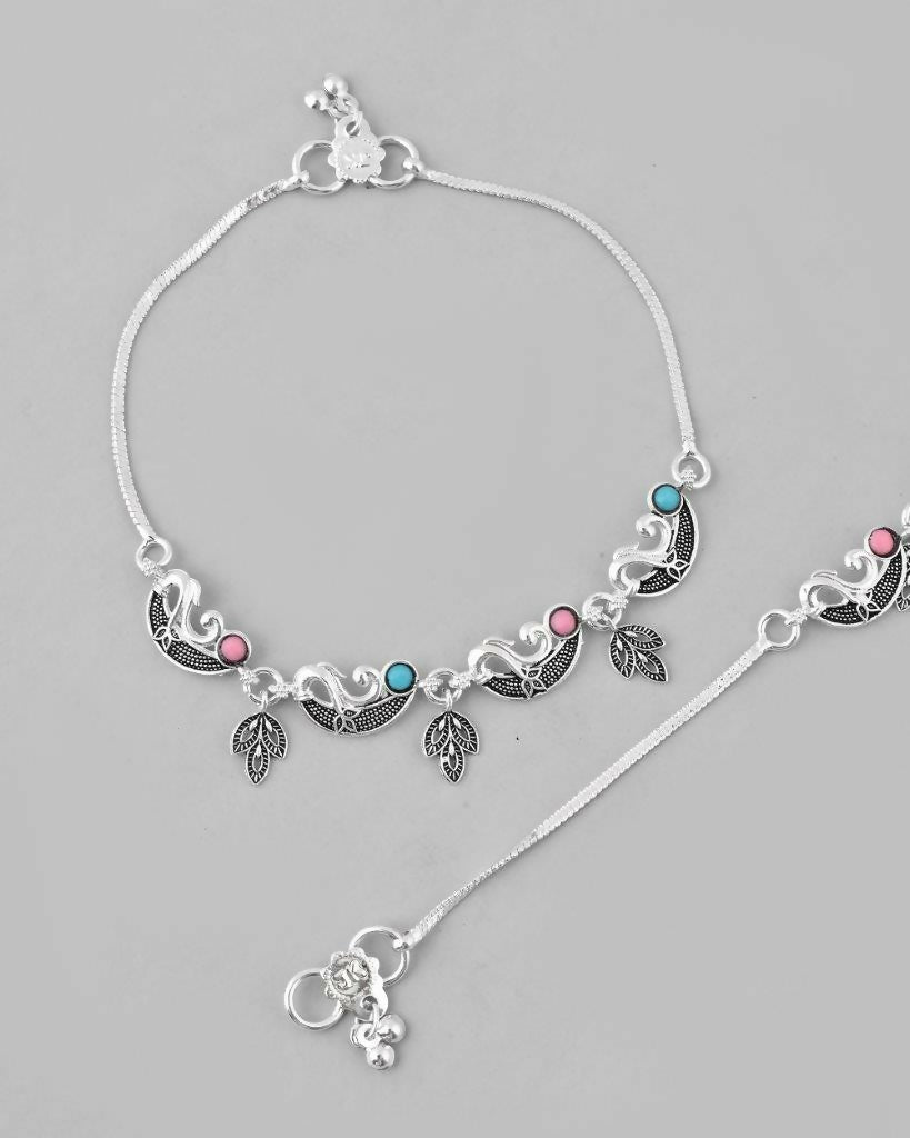 VOJ Set of 2 Silver Plated Stainless Steel Multi Color Anklet 