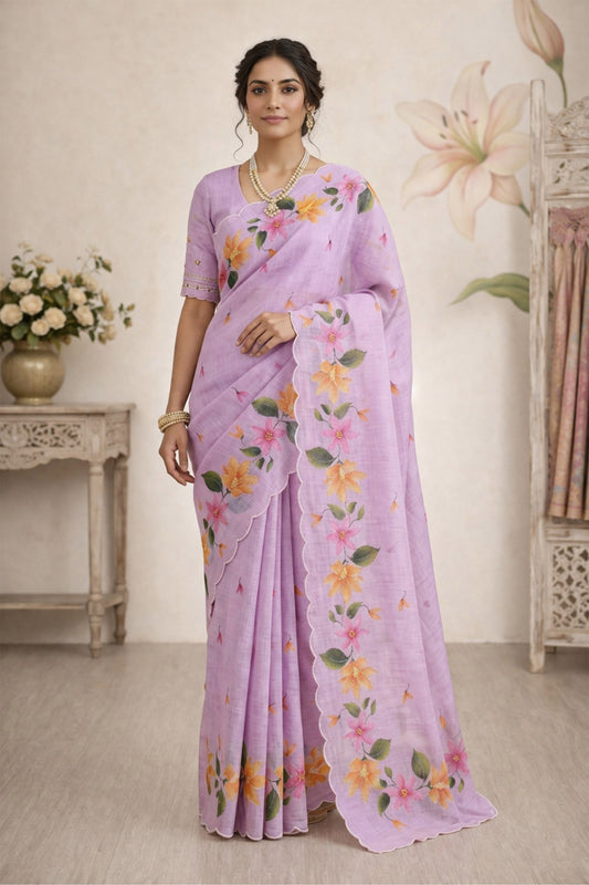 Sangam Prints Purple Cotton Print Woven Work Traditional Saree