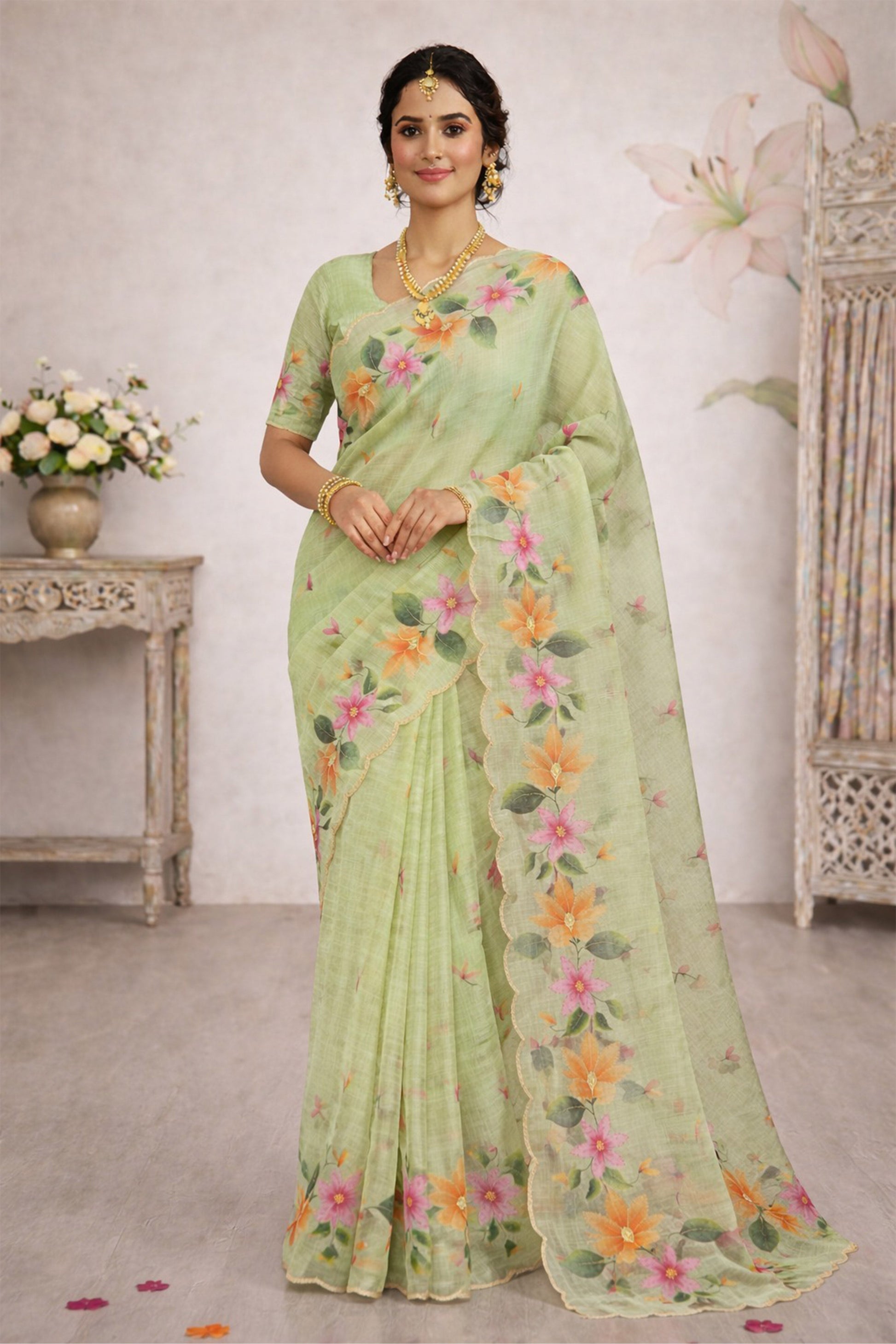 Sangam Prints Green Cotton Print Woven Work Traditional Saree