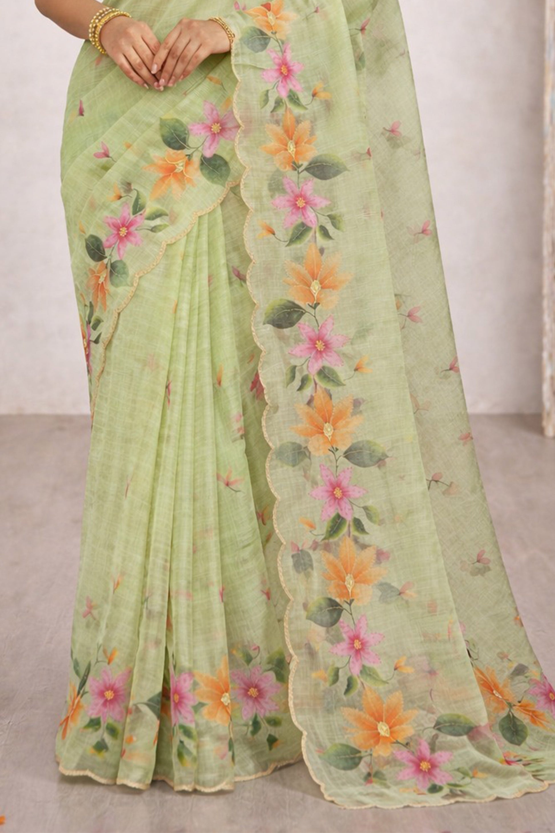 Sangam Prints Green Cotton Print Woven Work Traditional Saree