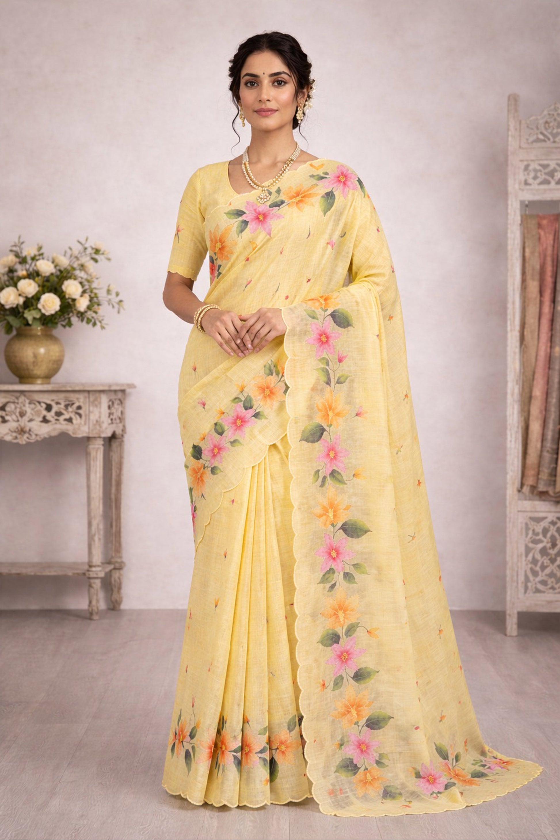 Sangam Prints Yellow Cotton Print Woven Work Traditional Saree