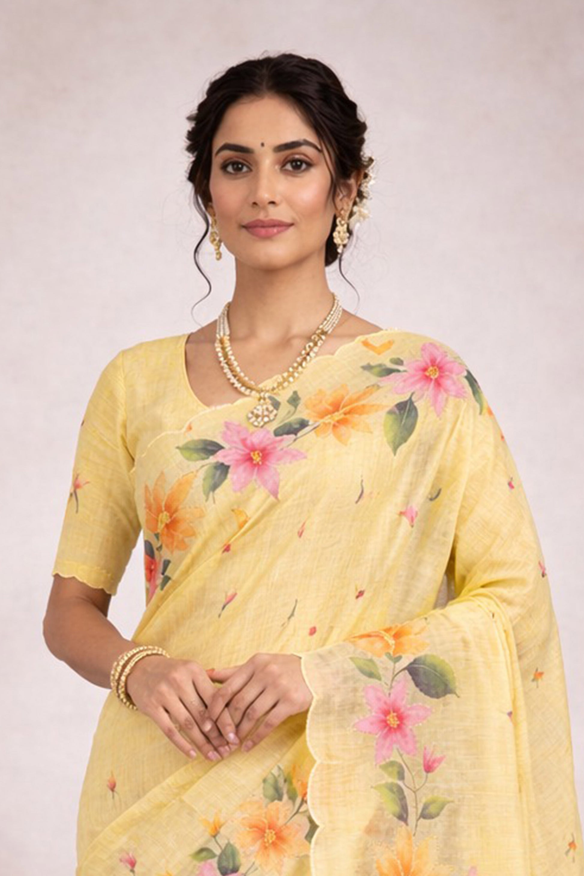 Sangam Prints Yellow Cotton Print Woven Work Traditional Saree