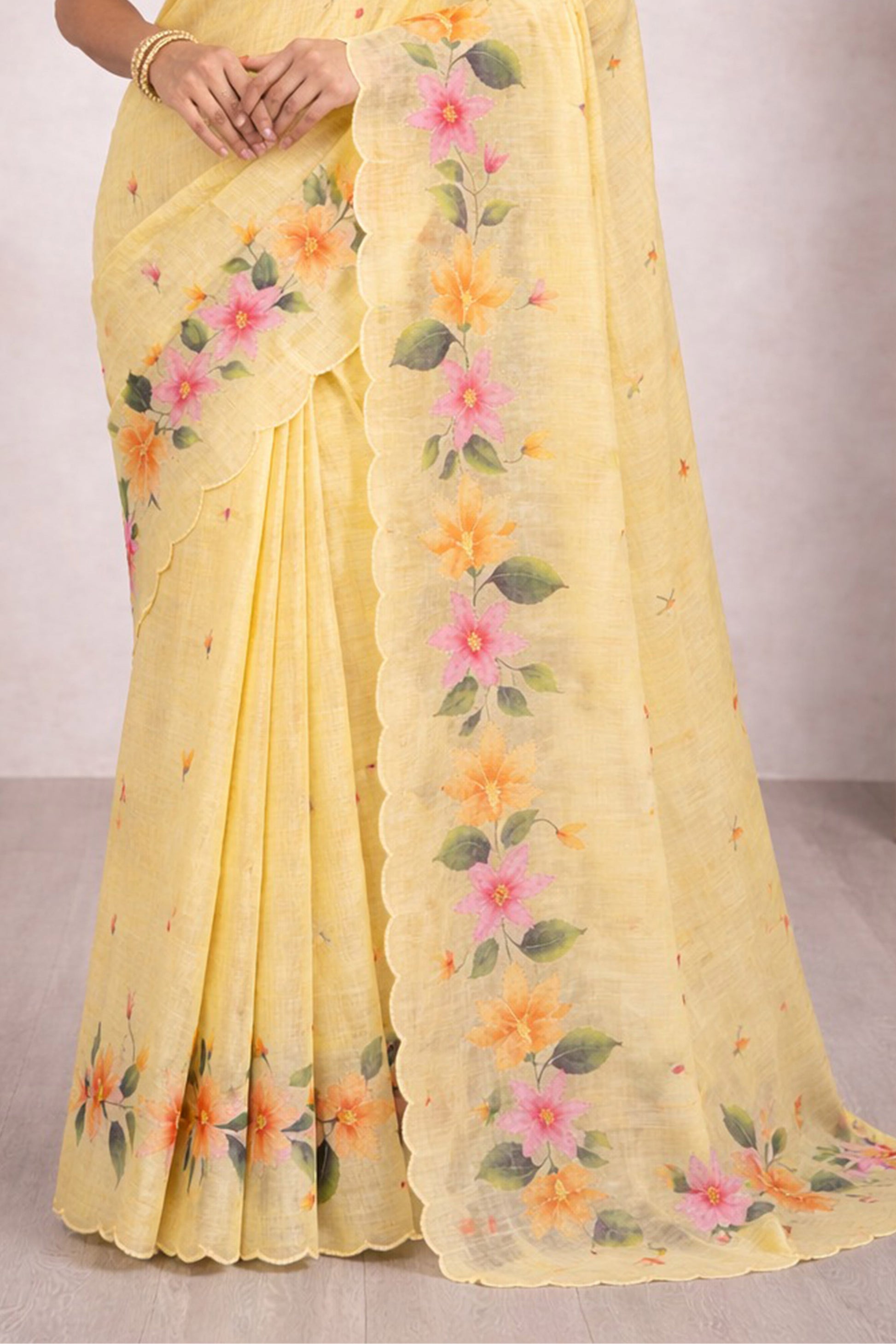 Sangam Prints Yellow Cotton Print Woven Work Traditional Saree