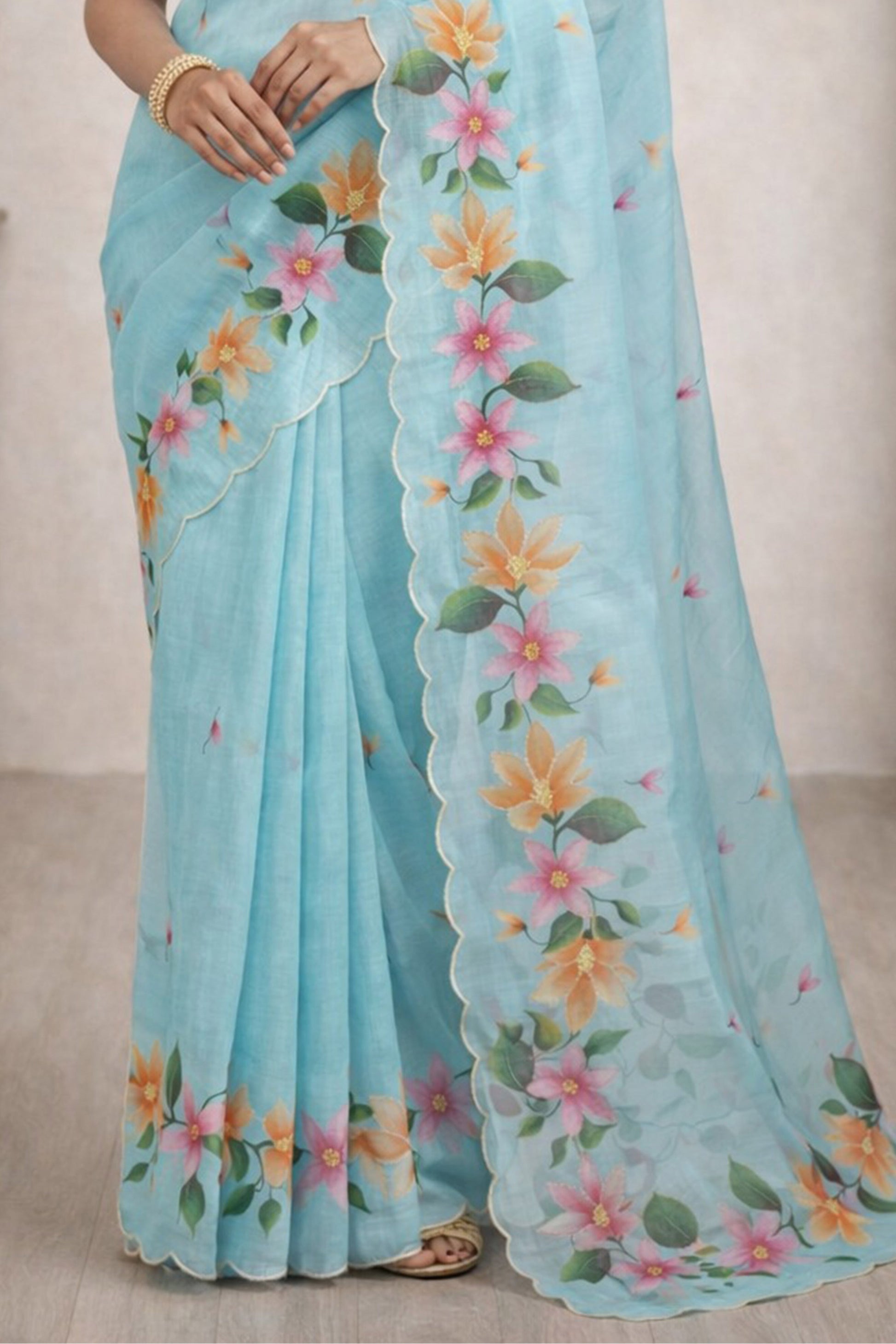 Sangam Prints Sky Blue Cotton Print Woven Work Traditional Saree