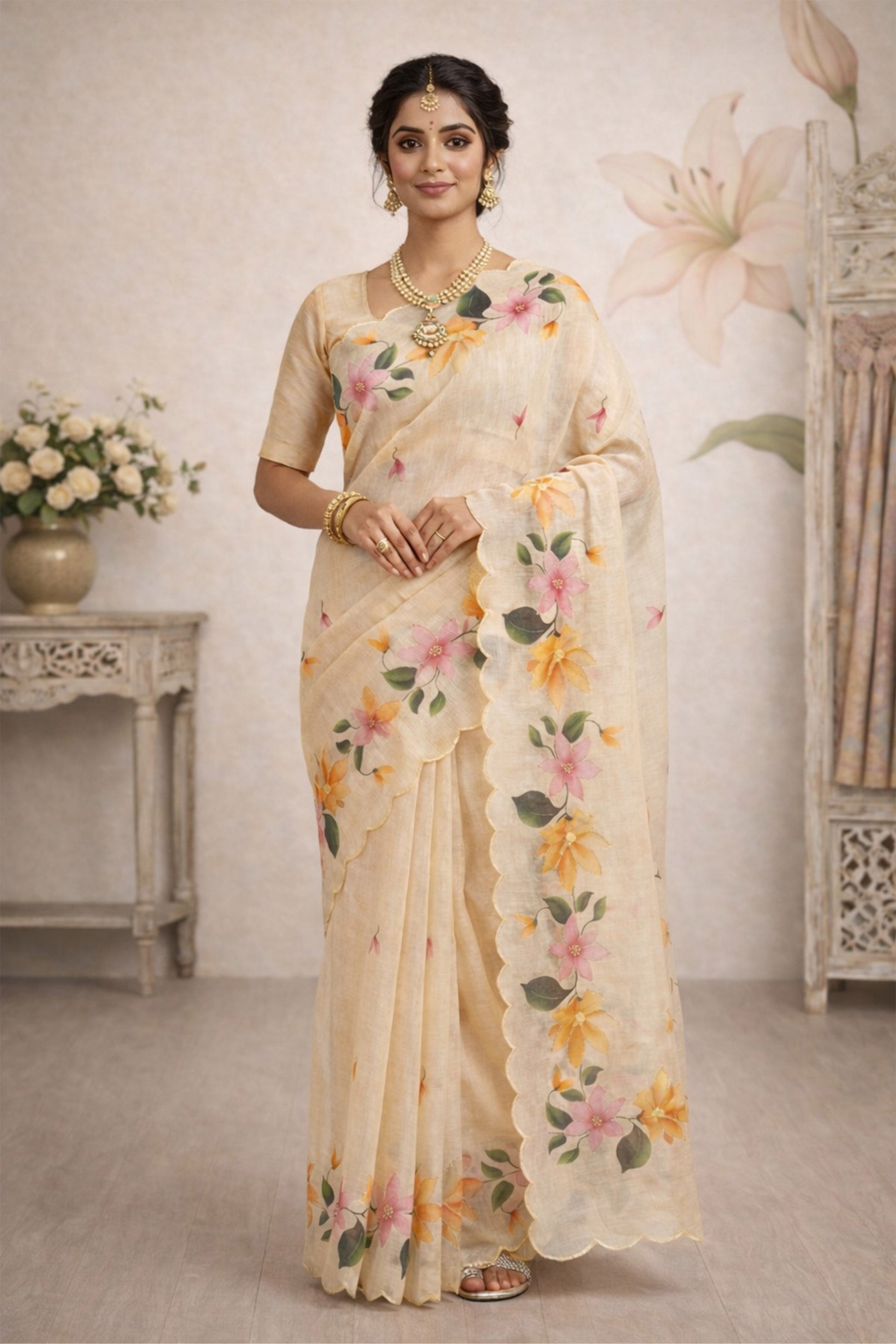 Sangam Prints Beige Cotton Print Woven Work Traditional Saree