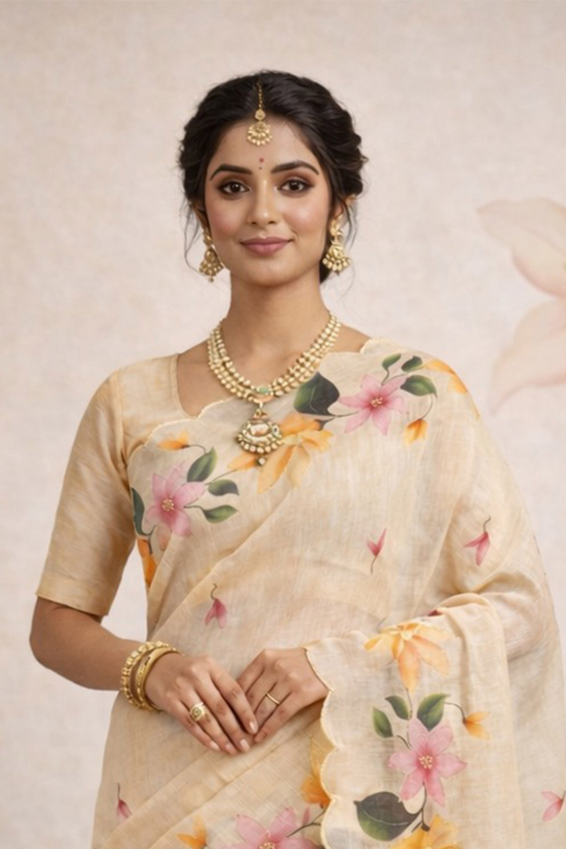 Sangam Prints Beige Cotton Print Woven Work Traditional Saree