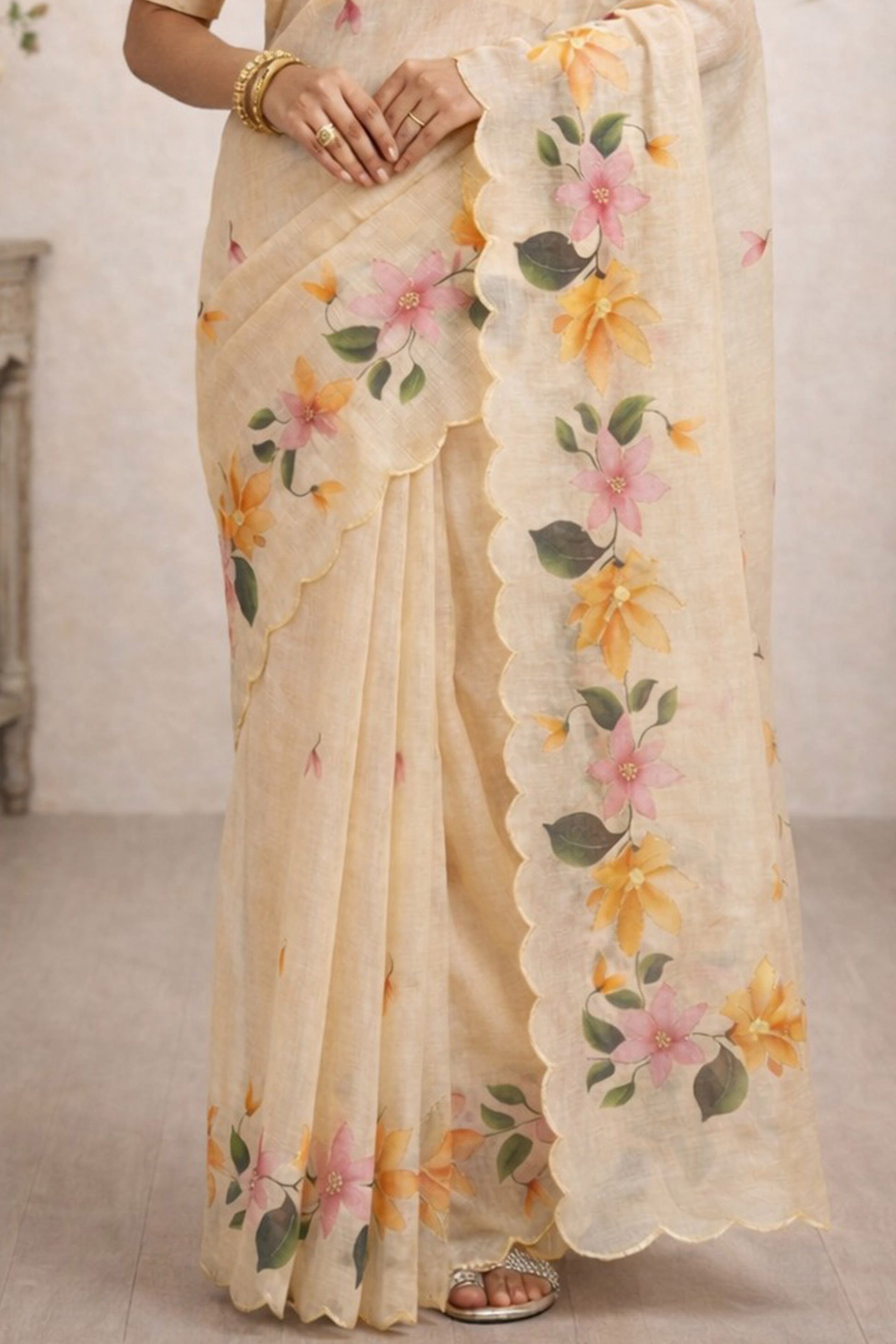 Sangam Prints Beige Cotton Print Woven Work Traditional Saree
