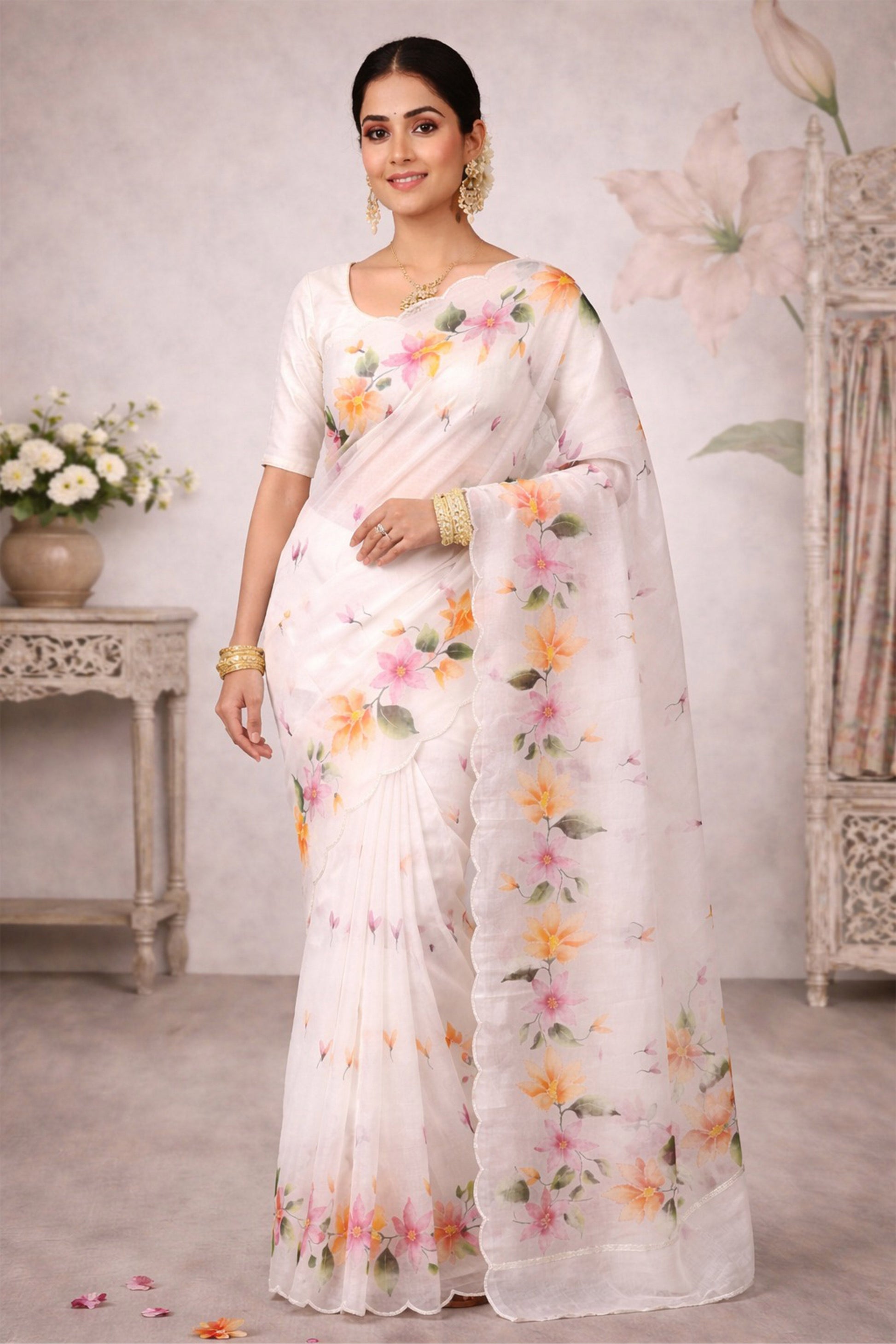 Sangam Prints Off-White Cotton Print Woven Work Traditional Saree