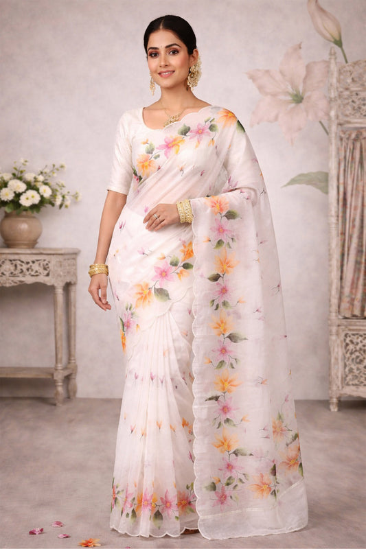 Sangam Prints Off-White Cotton Print Woven Work Traditional Saree