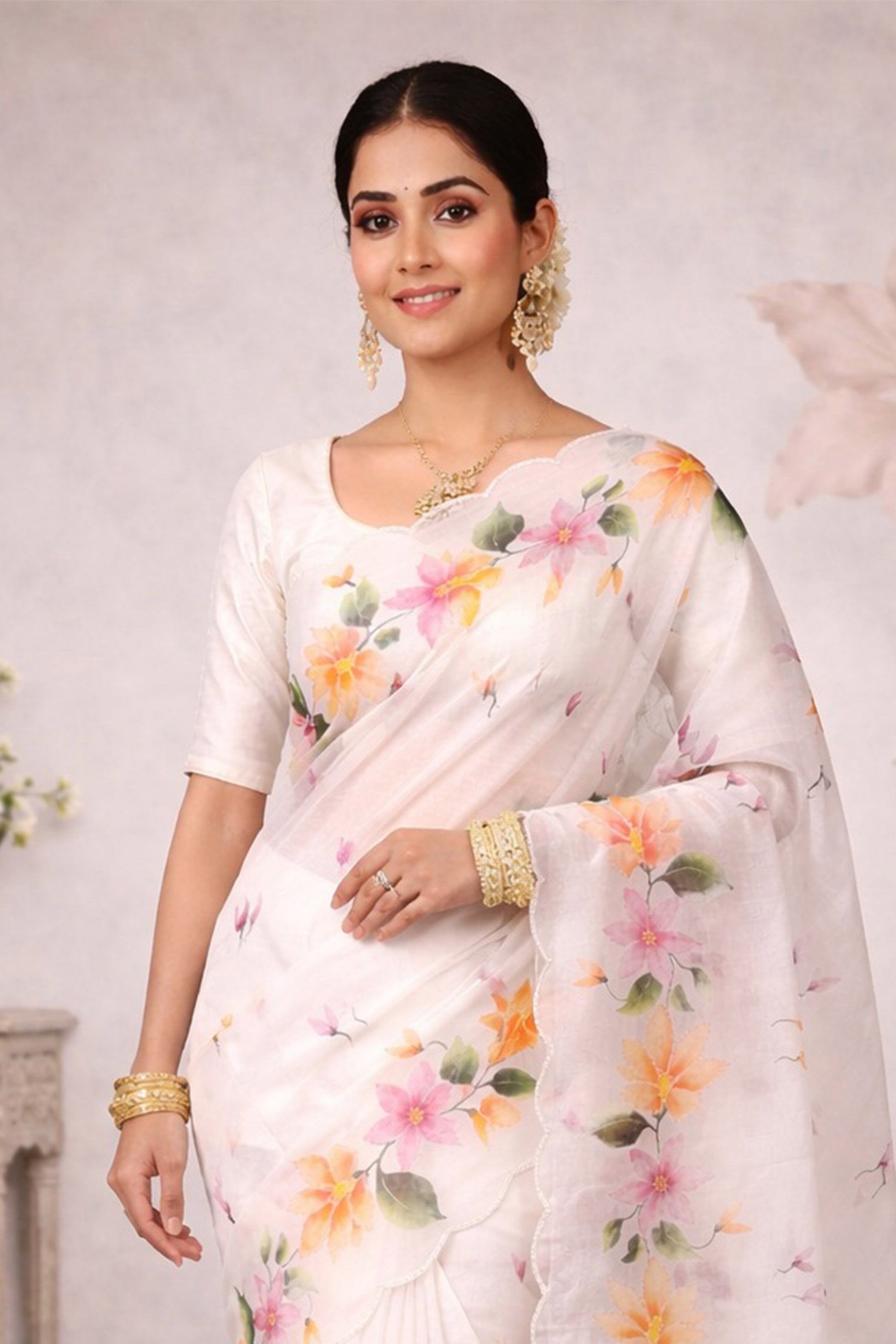 Sangam Prints Off-White Cotton Print Woven Work Traditional Saree