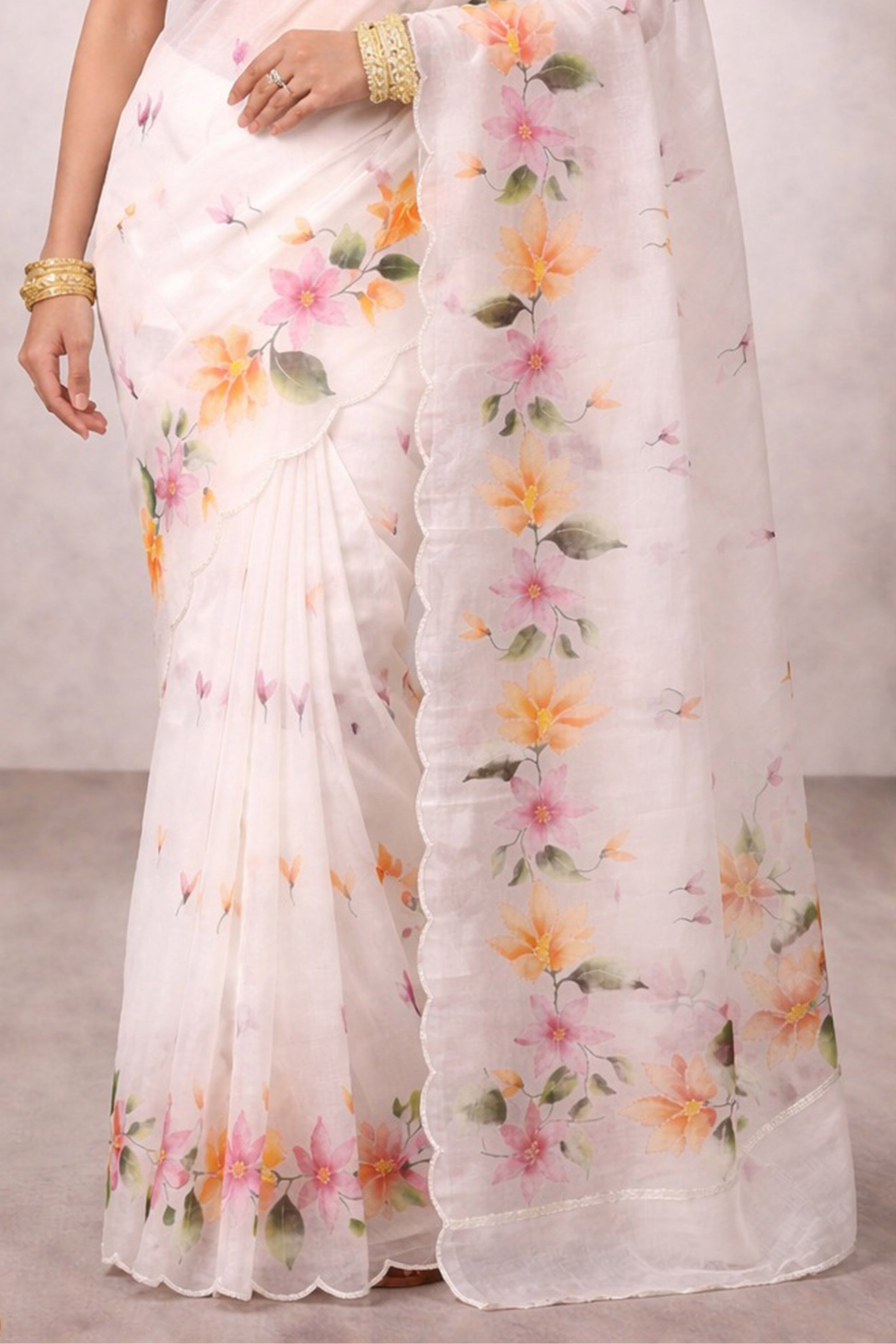 Sangam Prints Off-White Cotton Print Woven Work Traditional Saree