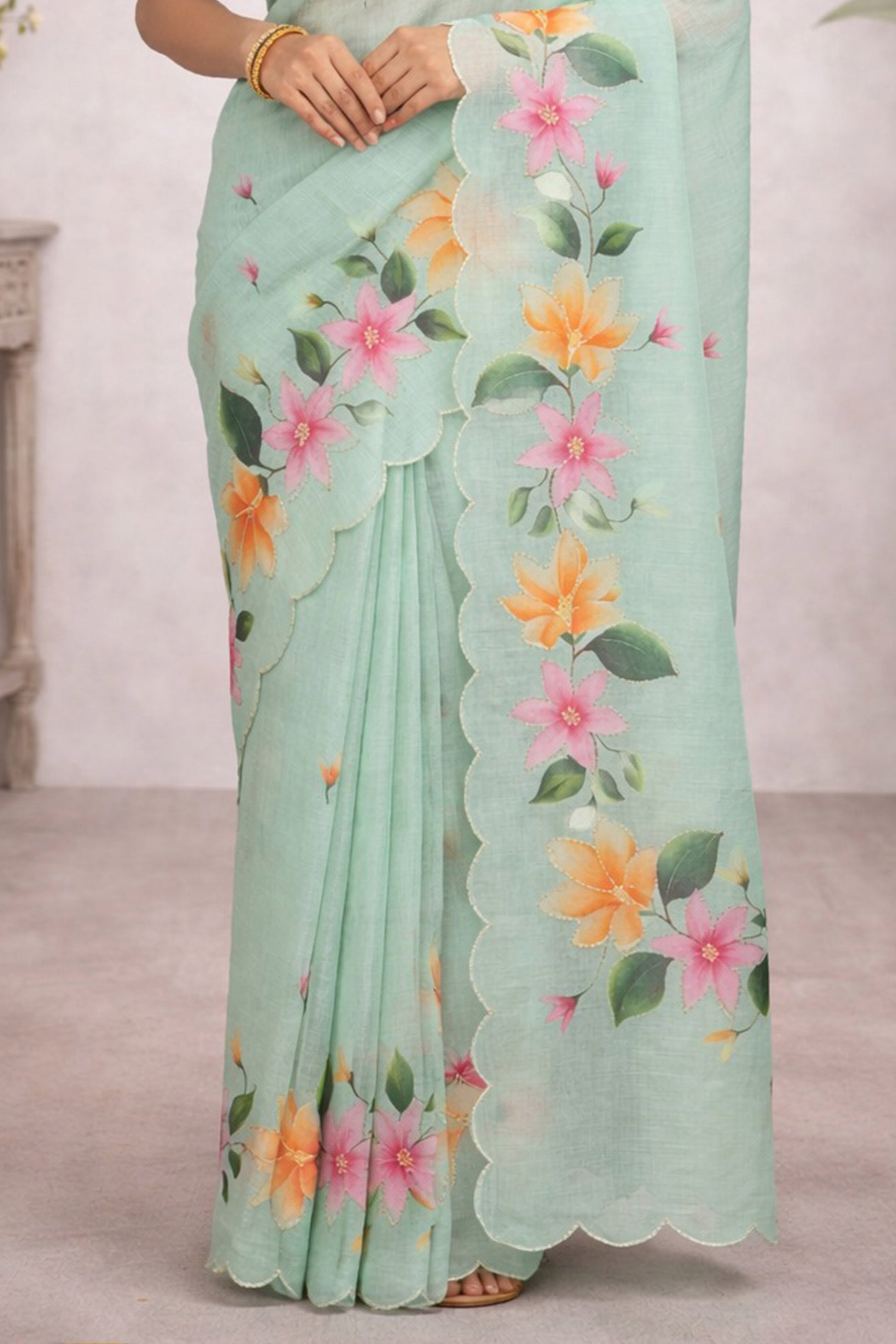 Sangam Prints Sea Green Cotton Print Woven Work Traditional Saree