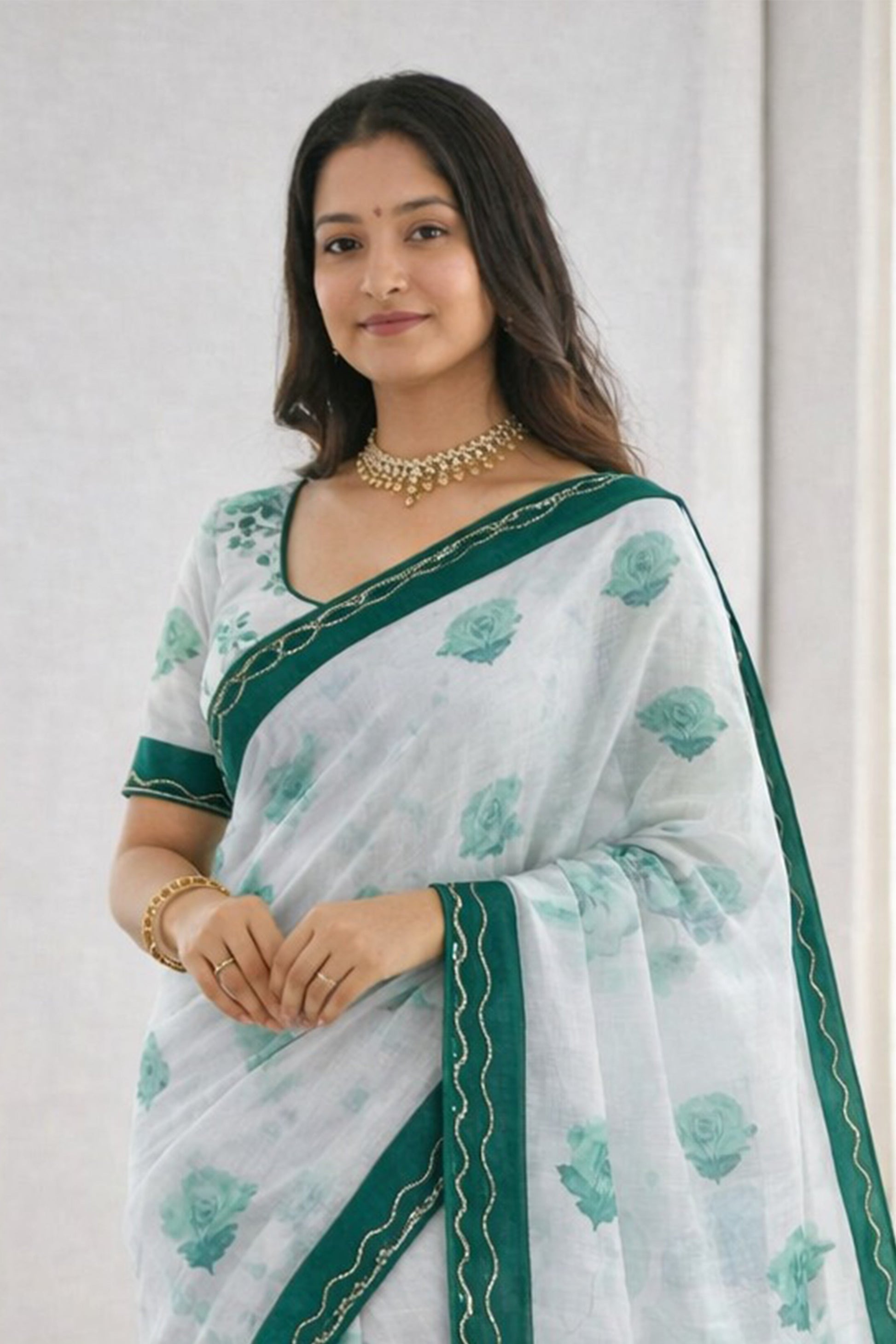Sangam Prints Green Cotton Print With Aari Work Woven Work Traditional Saree