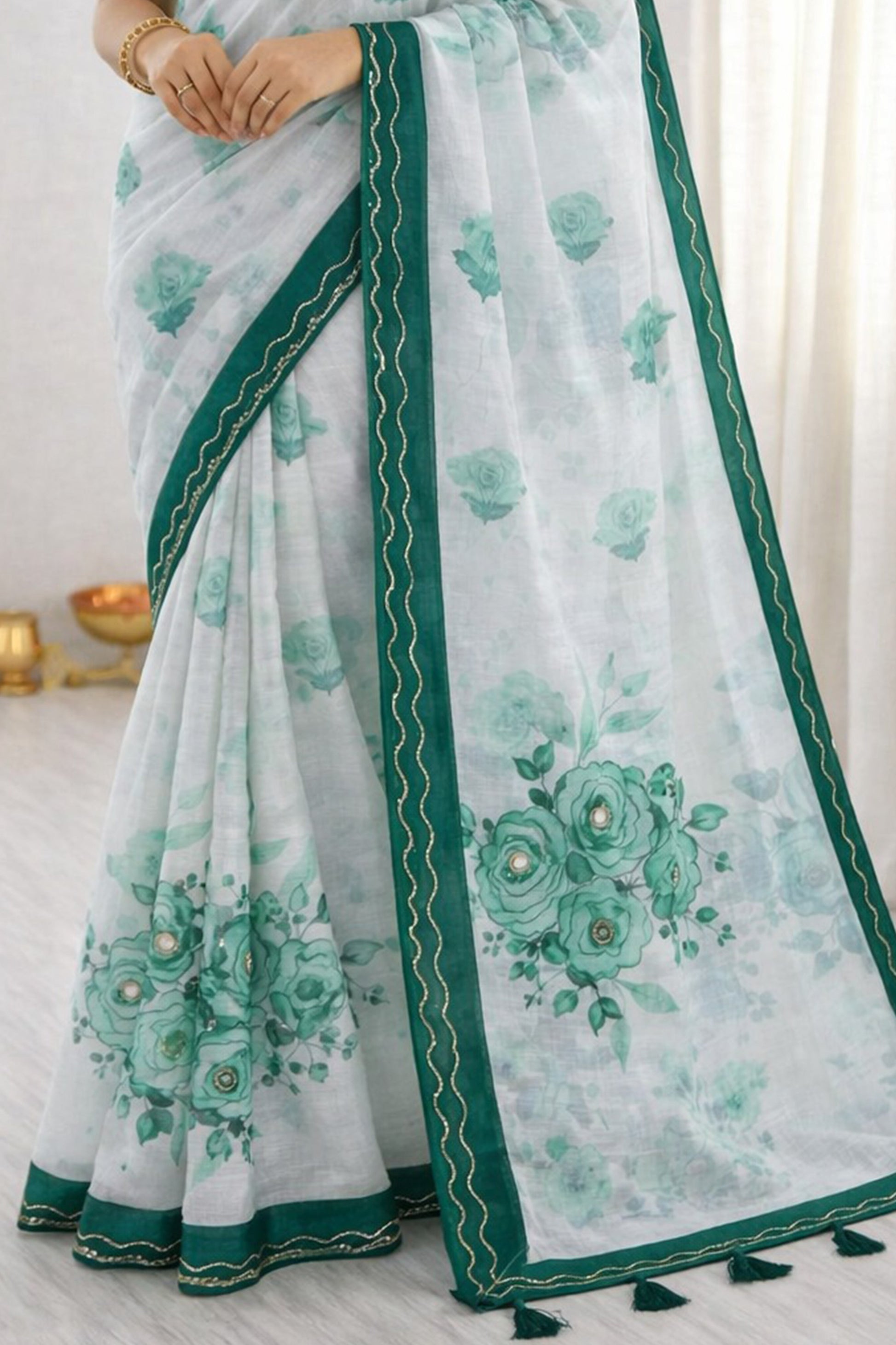 Sangam Prints Green Cotton Print With Aari Work Woven Work Traditional Saree