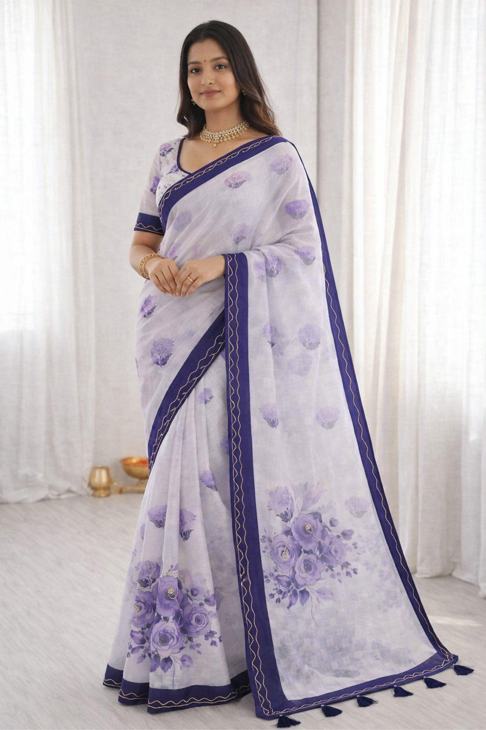 Sangam Prints Purple Cotton Print With Aari Work Woven Work Traditional Saree