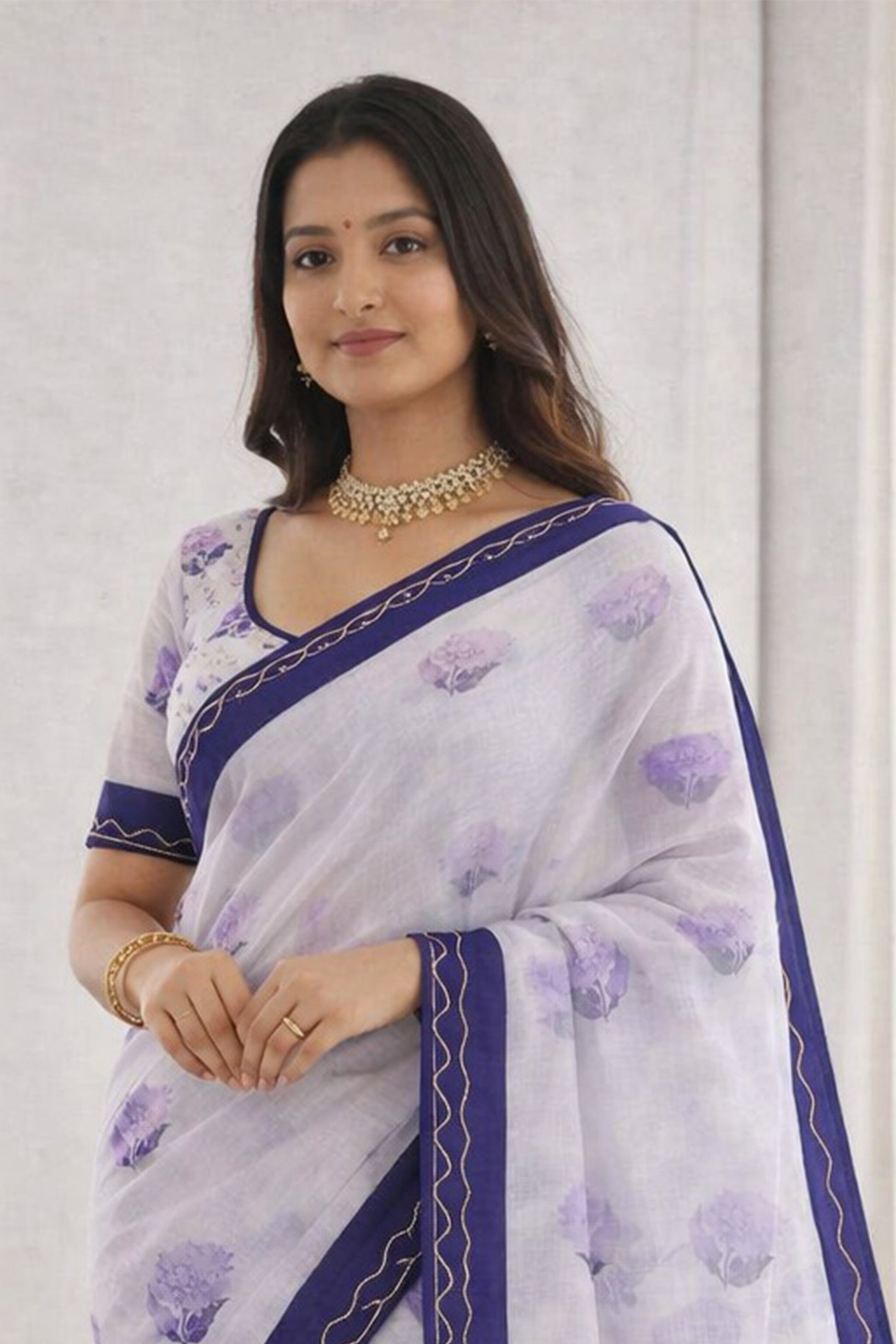 Sangam Prints Purple Cotton Print With Aari Work Woven Work Traditional Saree
