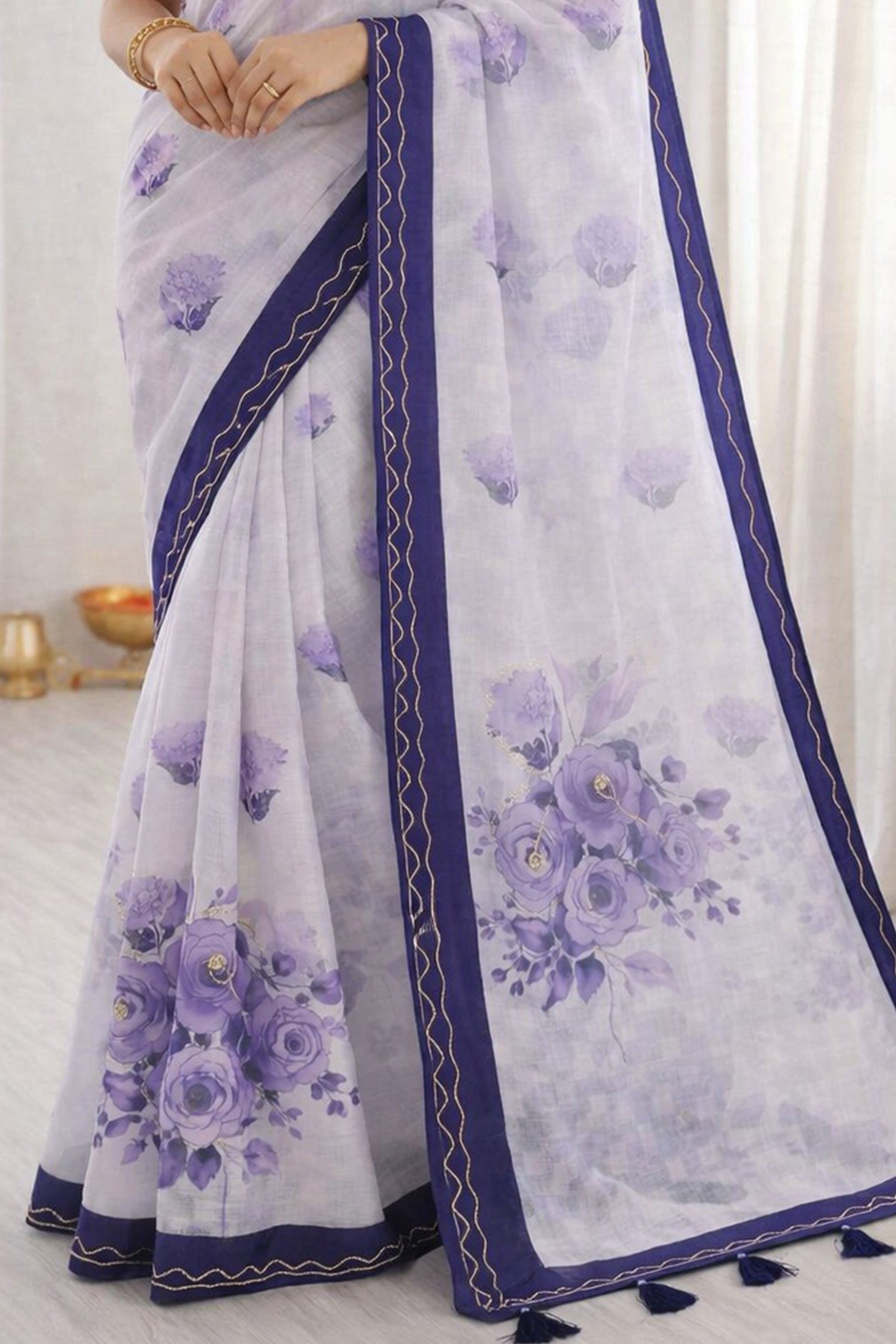 Sangam Prints Purple Cotton Print With Aari Work Woven Work Traditional Saree