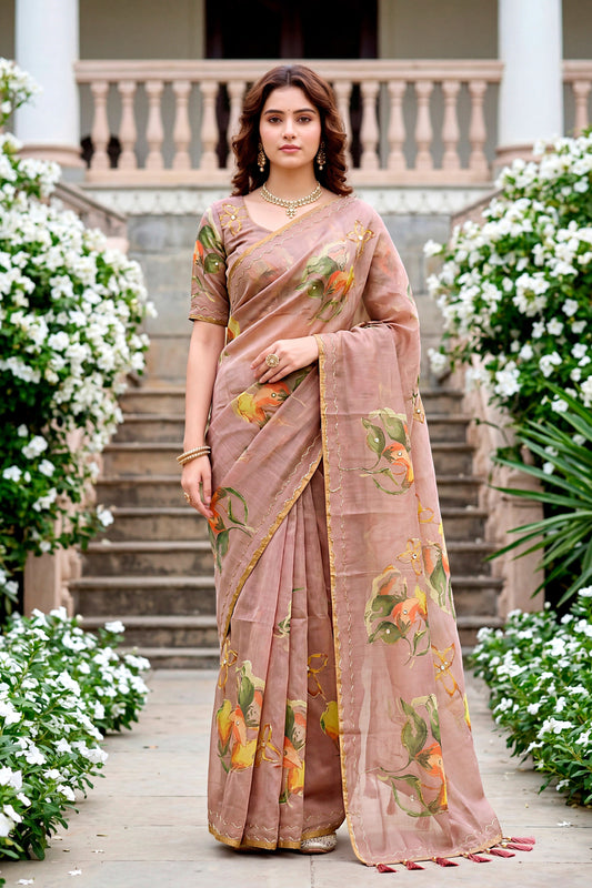 Sangam Prints Purple Cotton Print With Aari Work Woven Work Traditional Saree