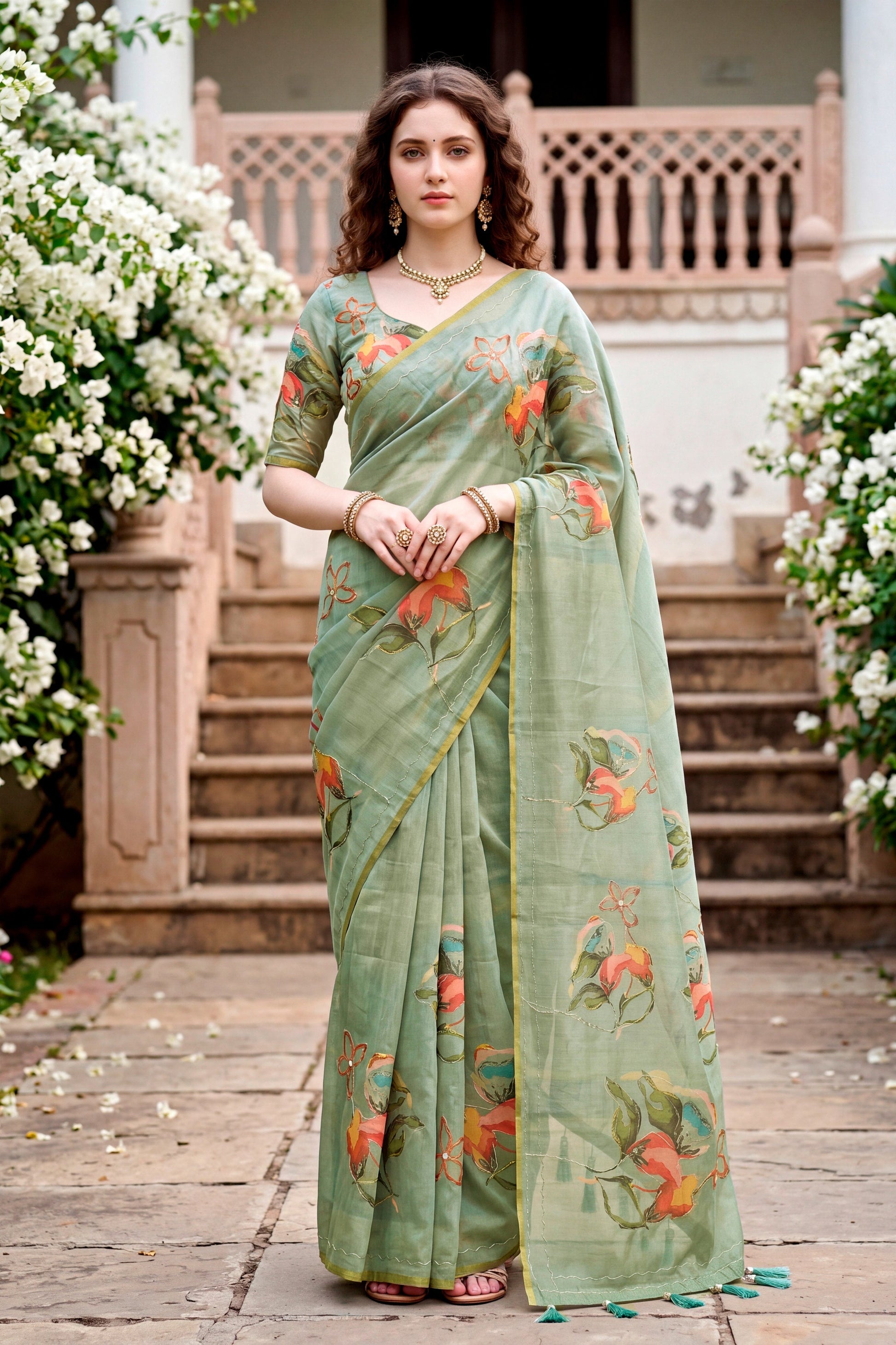 Sangam Prints Grey Cotton Print With Aari Work Woven Work Traditional Saree