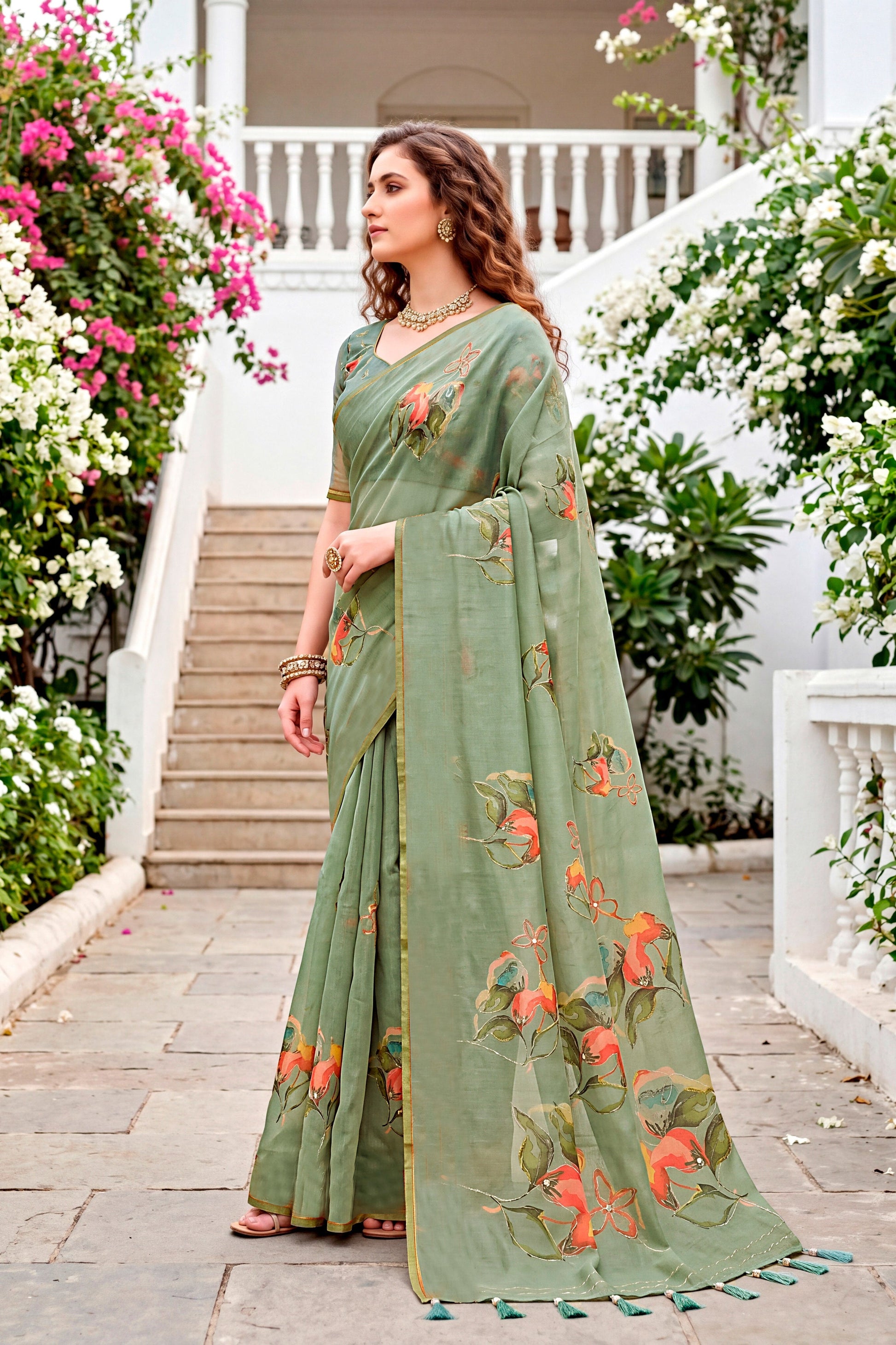 Sangam Prints Grey Cotton Print With Aari Work Woven Work Traditional Saree