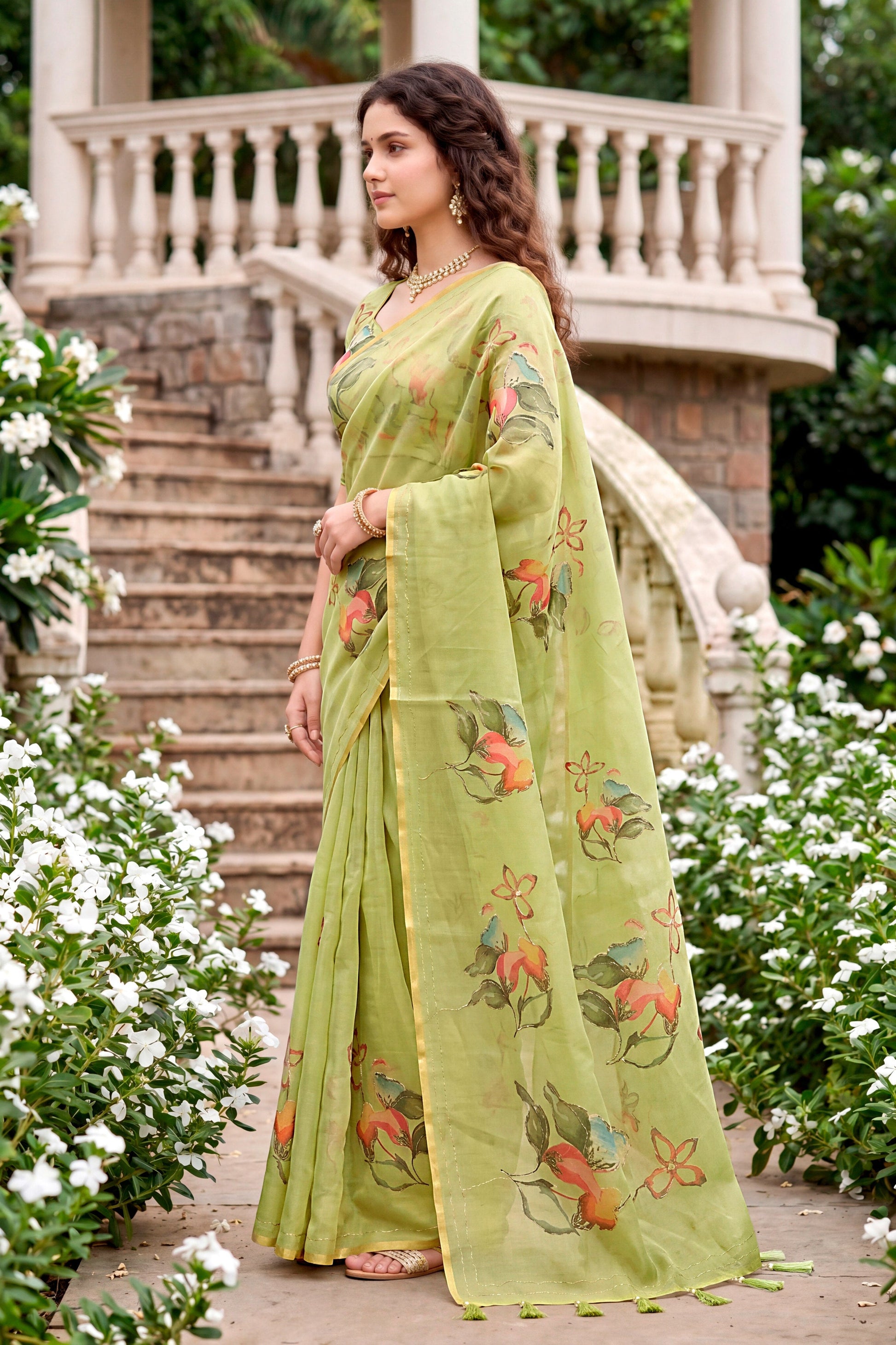 Sangam Prints Green Cotton Print With Aari Work Woven Work Traditional Saree