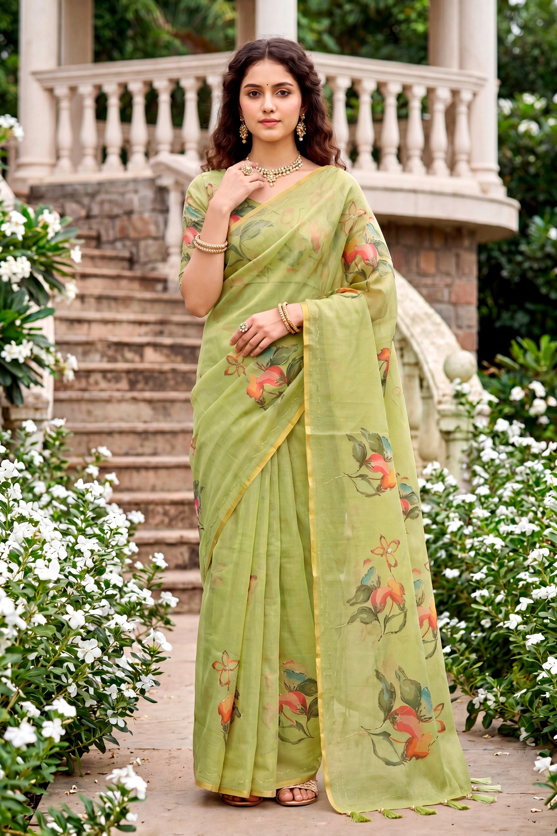 Sangam Prints Green Cotton Print With Aari Work Woven Work Traditional Saree