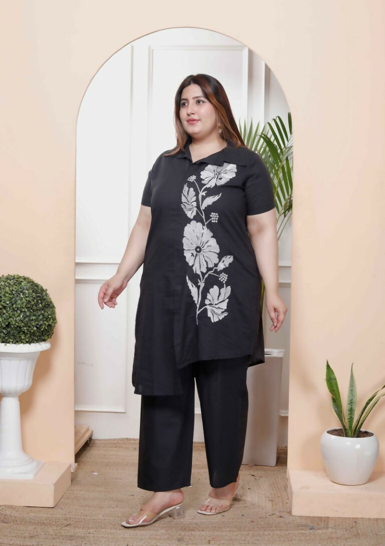 Miravan Women's Plus Size Black Pure Cotton Floral Embroidered High Low Co-Ord Set 