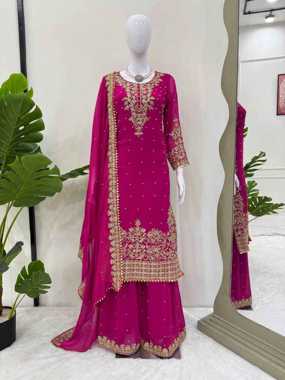 Prazu Fashion Pink Georgette Sequin With Rivet Moti Palazzo Suit