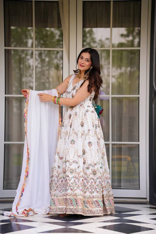 Prazu Fashion Off White Georgette Thread Sequin Anarkali Suit