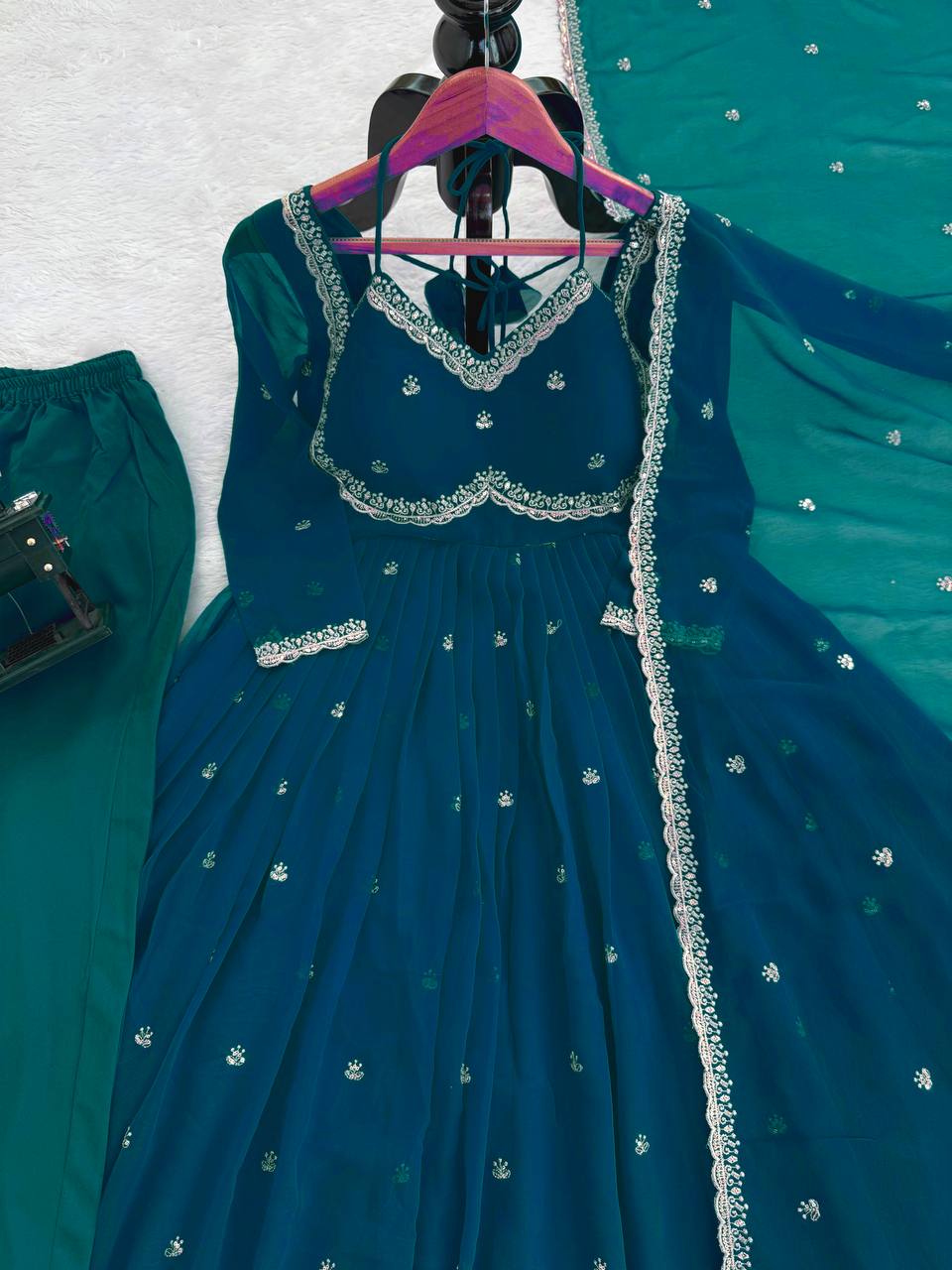Prazu Fashion Teal Blue Georgette Thread Sequence Anarkali Suit