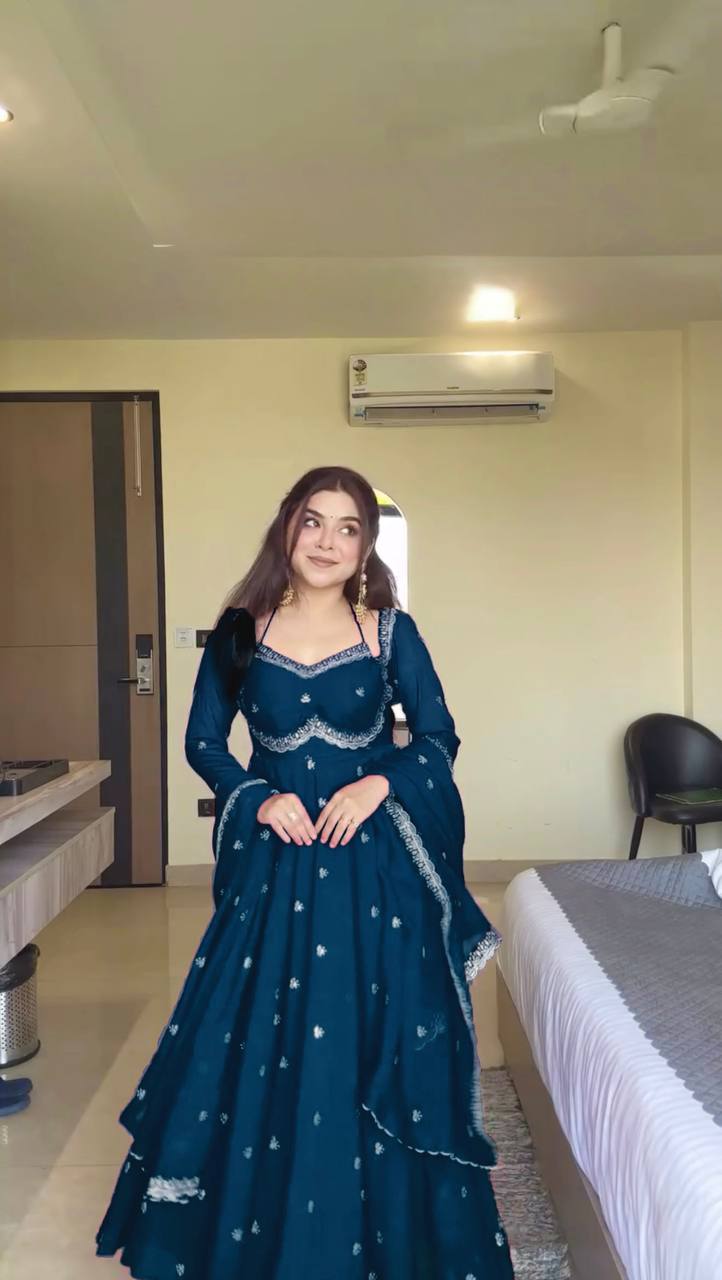 Prazu Fashion Teal Blue Georgette Thread Sequence Anarkali Suit