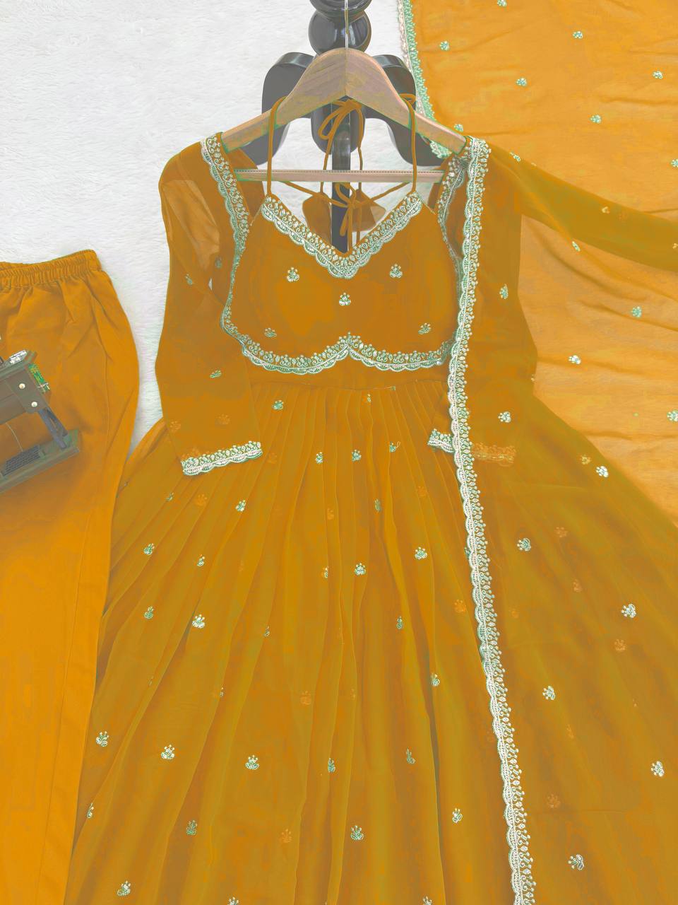 Prazu Fashion Yellow Georgette Thread Sequence Anarkali Suit