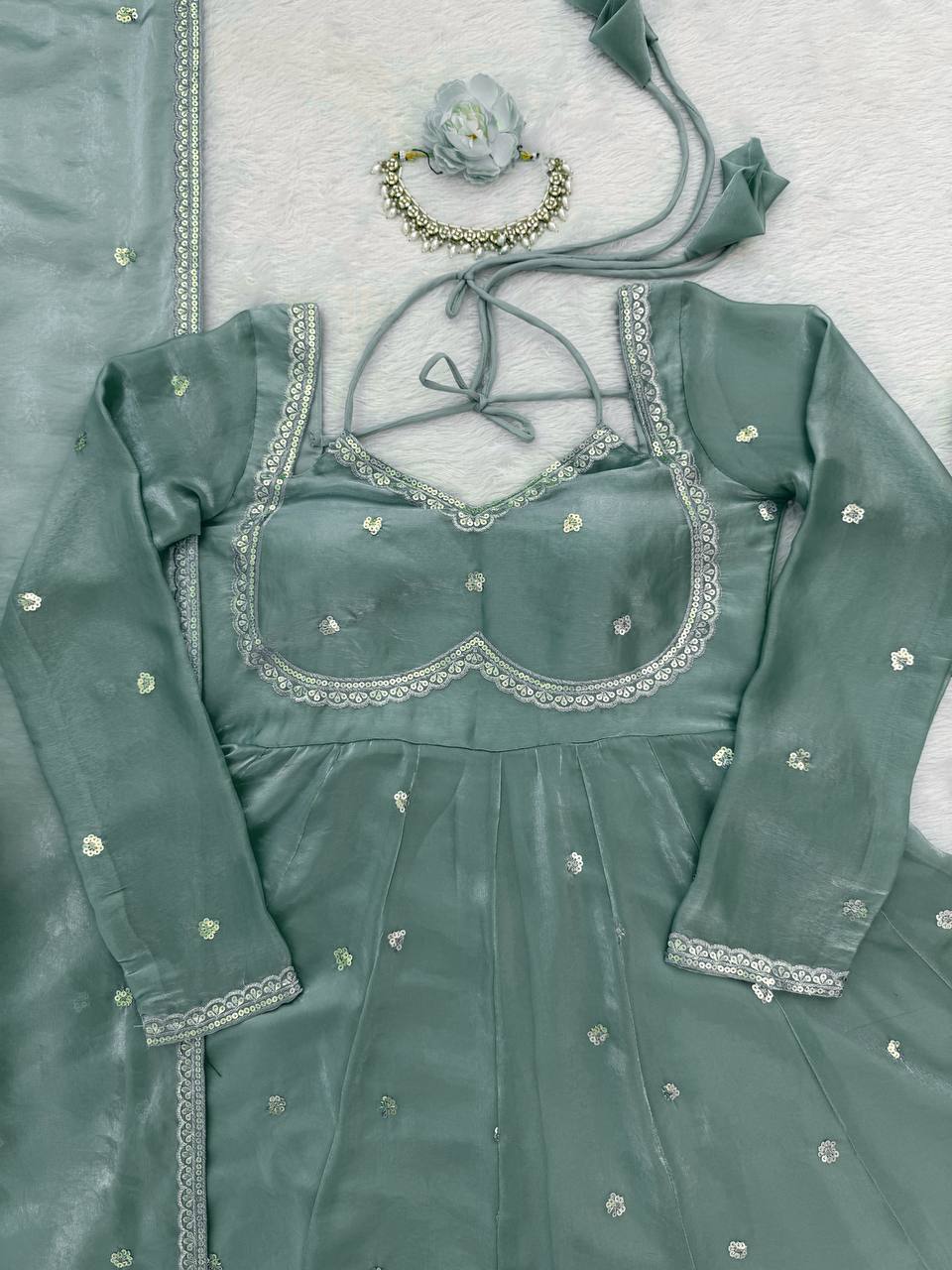 Prazu Fashion Dusty Mint Green Fendy Silk Thread Sequence Anarkali Suit